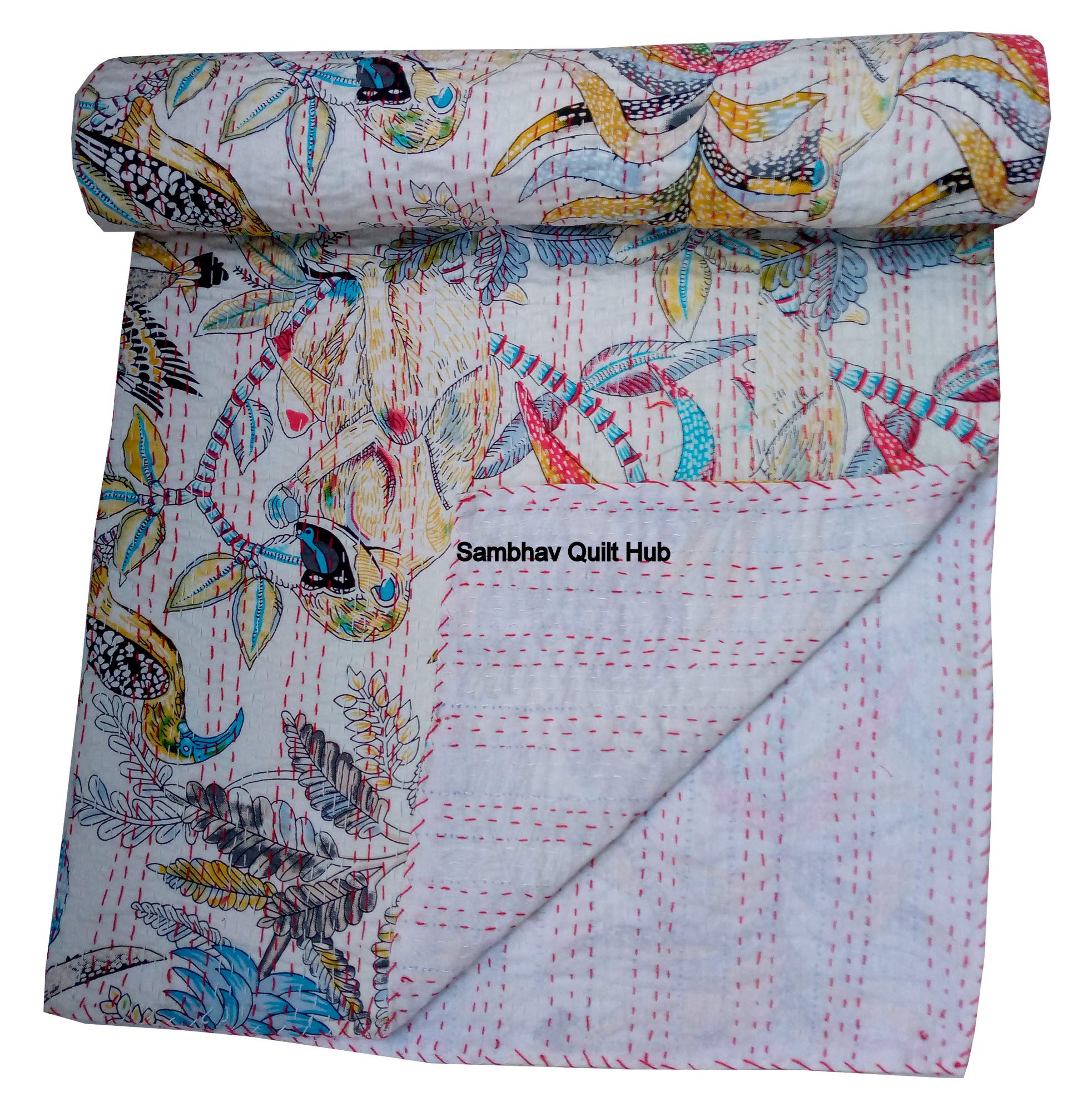 Sambhav Quilt Hub Manta de algodão Kantha feita à mão com estampa de