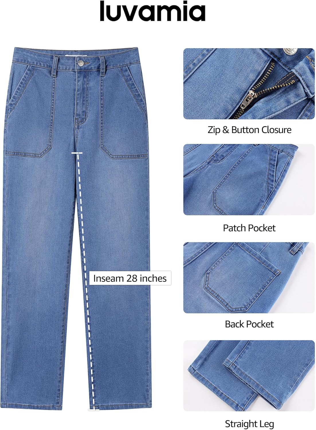 luvamia Straight Leg Jeans for Women Trendy High Waisted Stretchy Denim Pants Ankle Length Patch Pocket Trouser Jeans - Image 4