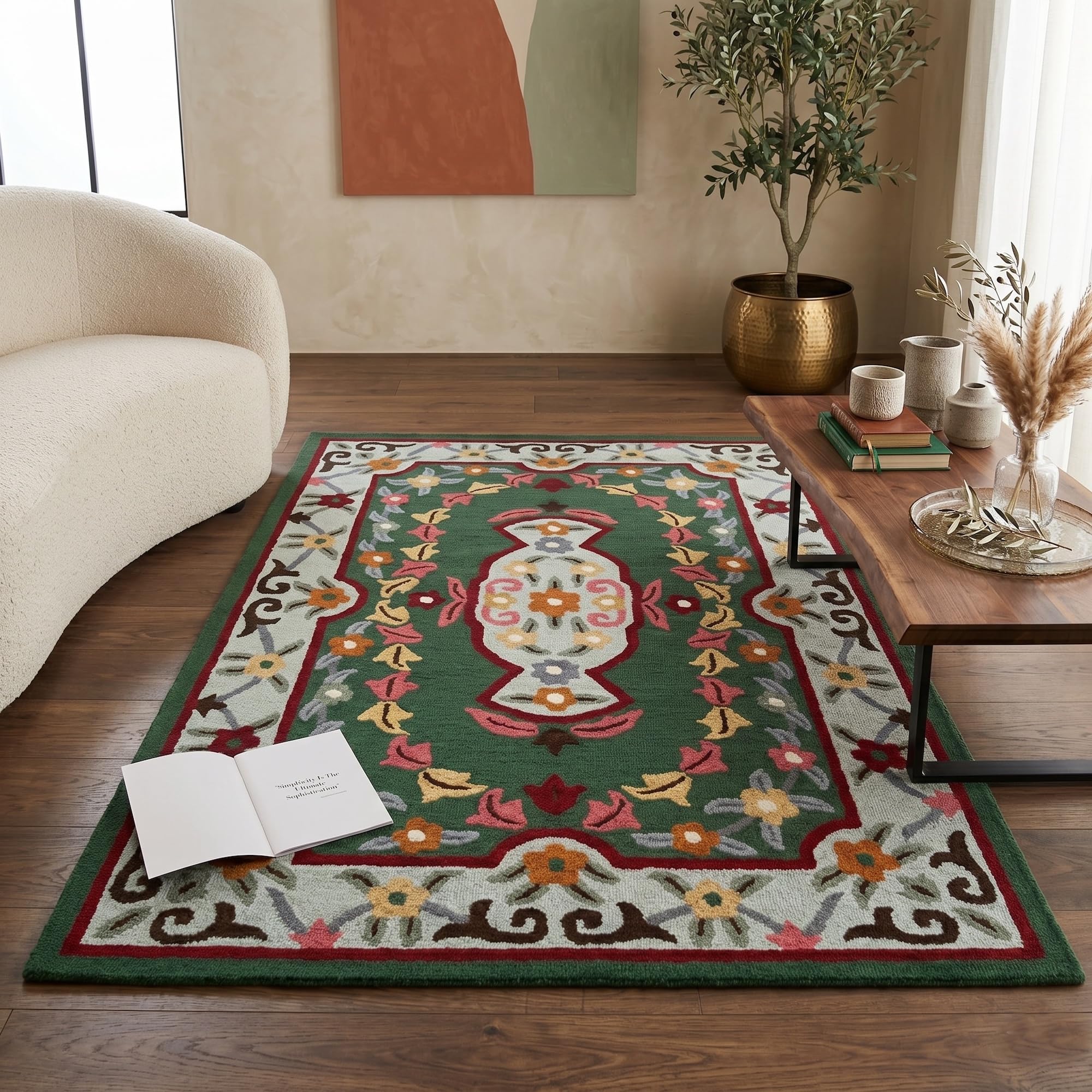 Rita Rugs Home Ahalya, Oriental, Handtufted Loop Wool Rug, 100% Wool Pile, Hand Made Premium Indoor Traditional Area Rug for Kitchen, Living Room, Bedroom, Farmhouse, Green, 60 cm x 90 cm, 60 x 90
