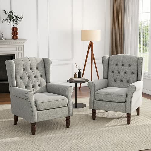 High Back Accent Chairs Set of 2, Light Gray Fabric
