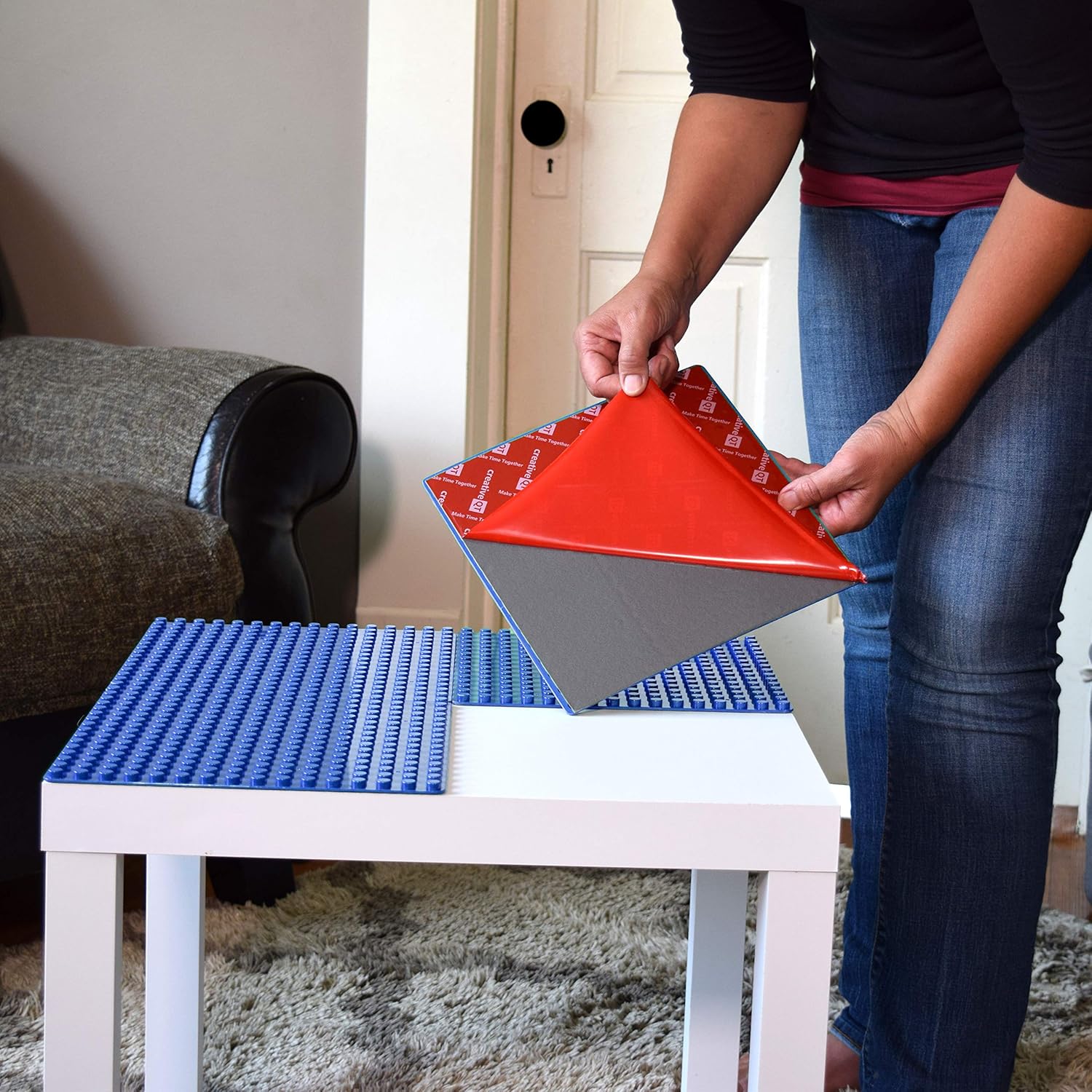 Creative QT Peel-and-Stick, Blue, 4 Pack, 10"x10" Adhesive Baseplates, Compatible with Bigger Sized DUPLO Style Bricks, Peel Stick Baseplates for Play Tables, Walls, and More