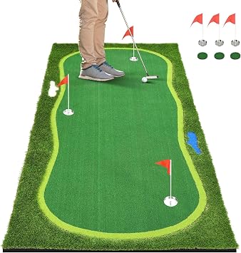 Shopsource Golf Putting Green, Professional Grade Large Realistic Training Aids with Sand Pit and Water Hazard for Indoor Outdoor, 3 Flags 3 Metal Cups