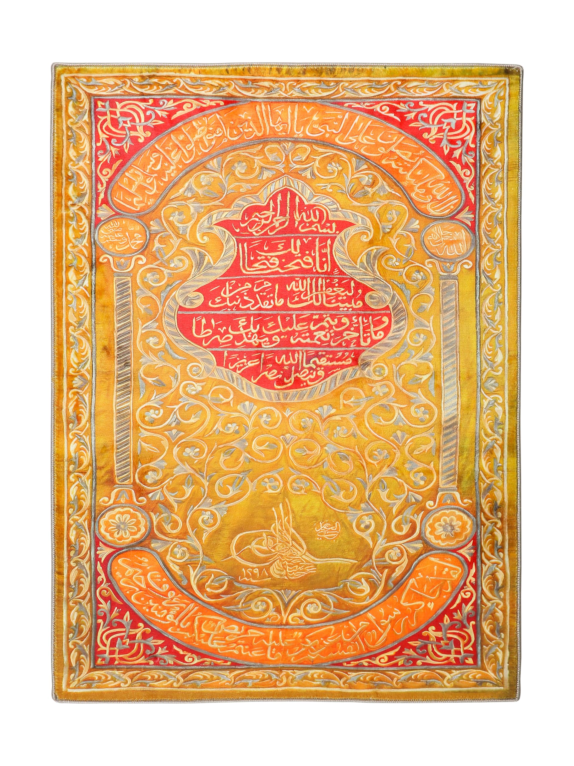 Tapis de prière turc orange avec tapisserie décorative rouge et motifs dorés orientaux
