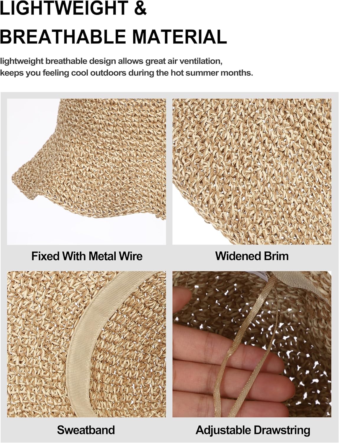 Womens Straw Sun Hat Wide Brim Hand Woven Foldable Beach Bucket Hat for Summer Travel UV Protection UPF 50+ - Image 5