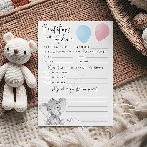 Miniatura 3 de GENDER REVEAL Tarjetas de predicción y consejos – Paquete de 25 – Juegos de baby shower azul o rosa de elefante, nuevos padres, mamá y papá futuros,