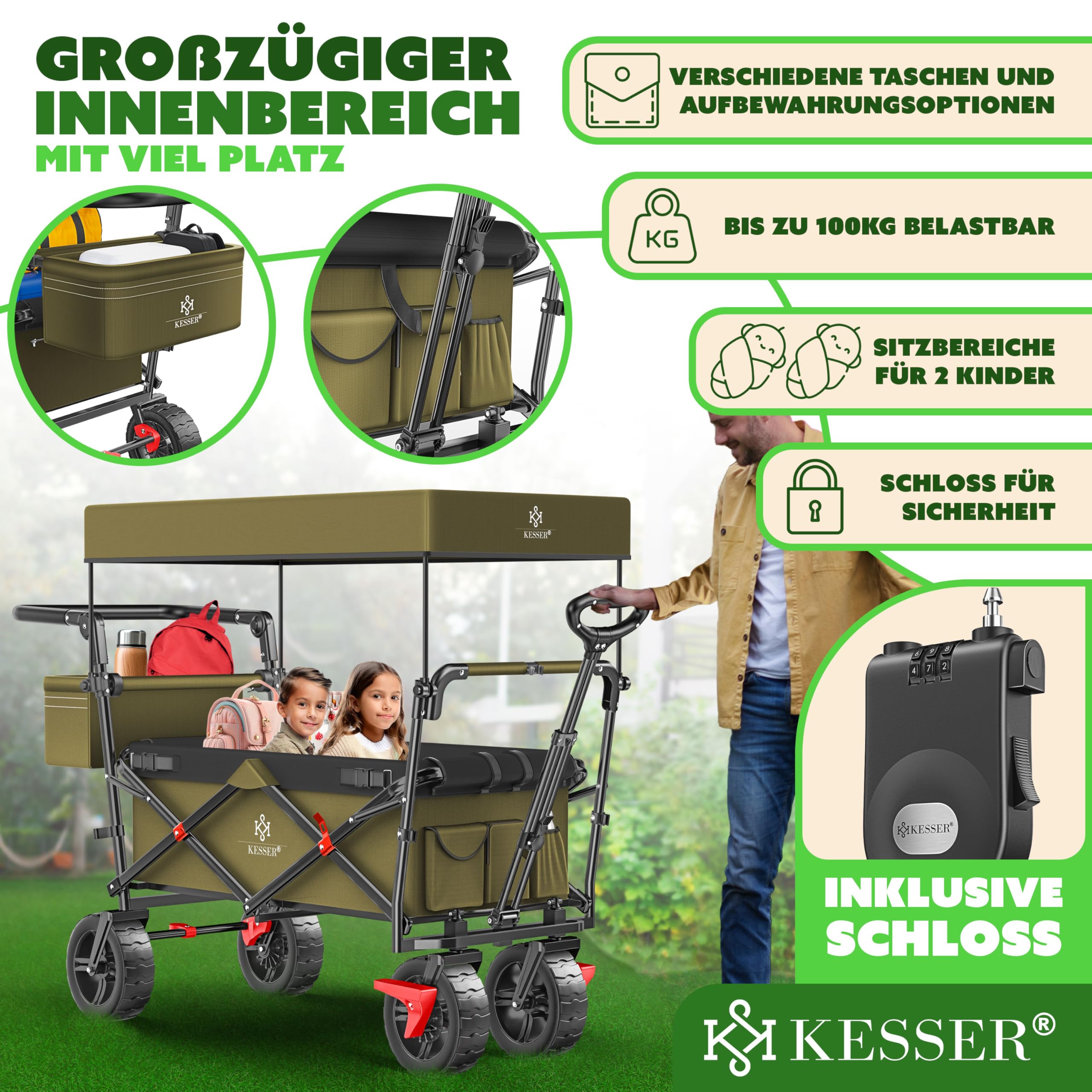 KESSER® Chariot de Transport GT9000 Pliable avec Toit | Charrette à Bras | Chariot de Transport | 2 systèmes de Ceinture à 3 Points fournis Pliable | capacité de Charge de 80 kg Maximum