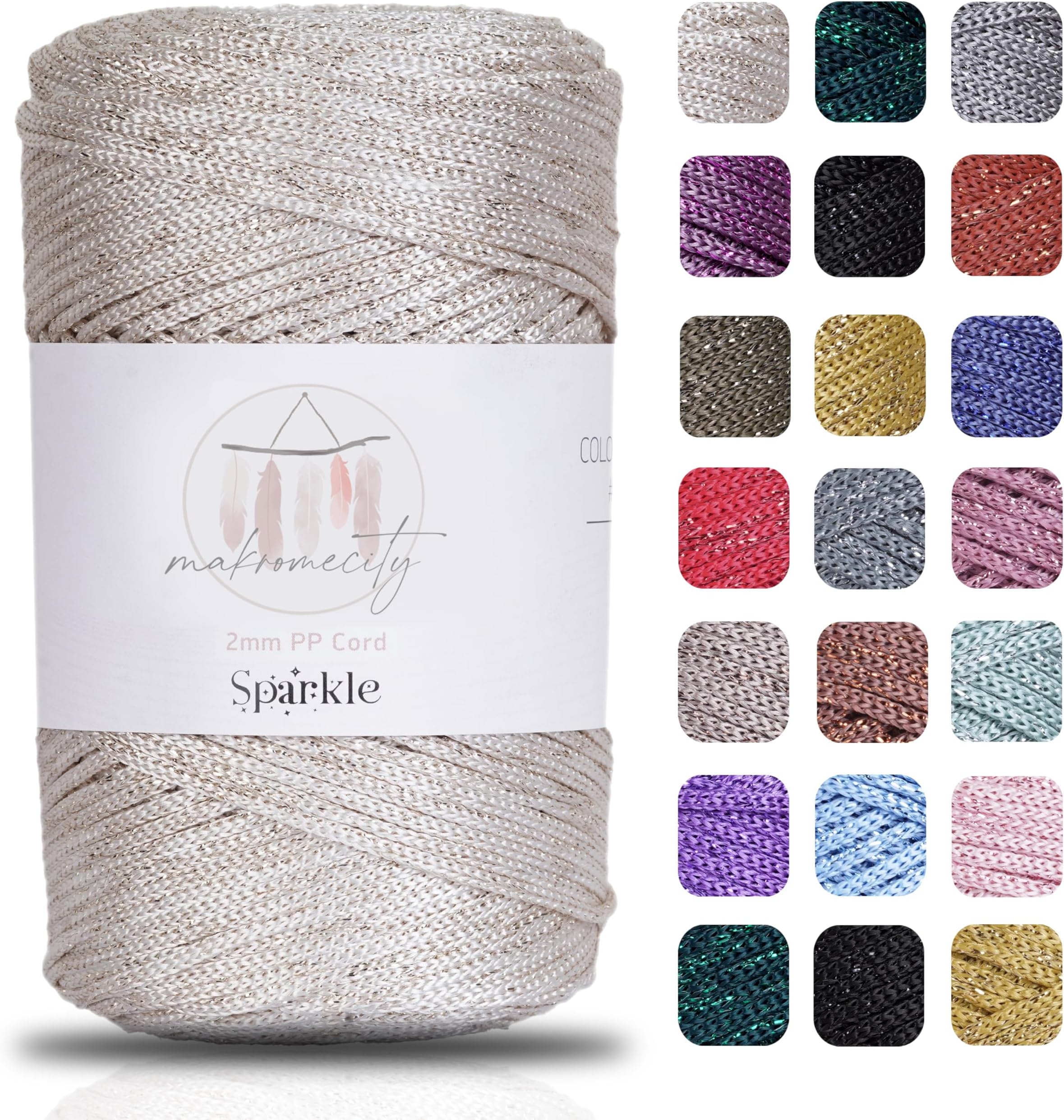 Makromecity, Sparkle Polyester Macrame Cord 2mm x 250 Yards (750 feet) 2mm Polypropylene Macrame Cord for Macrame Art & Crafts for Wall Hangings, Bags, Underplate, Rug