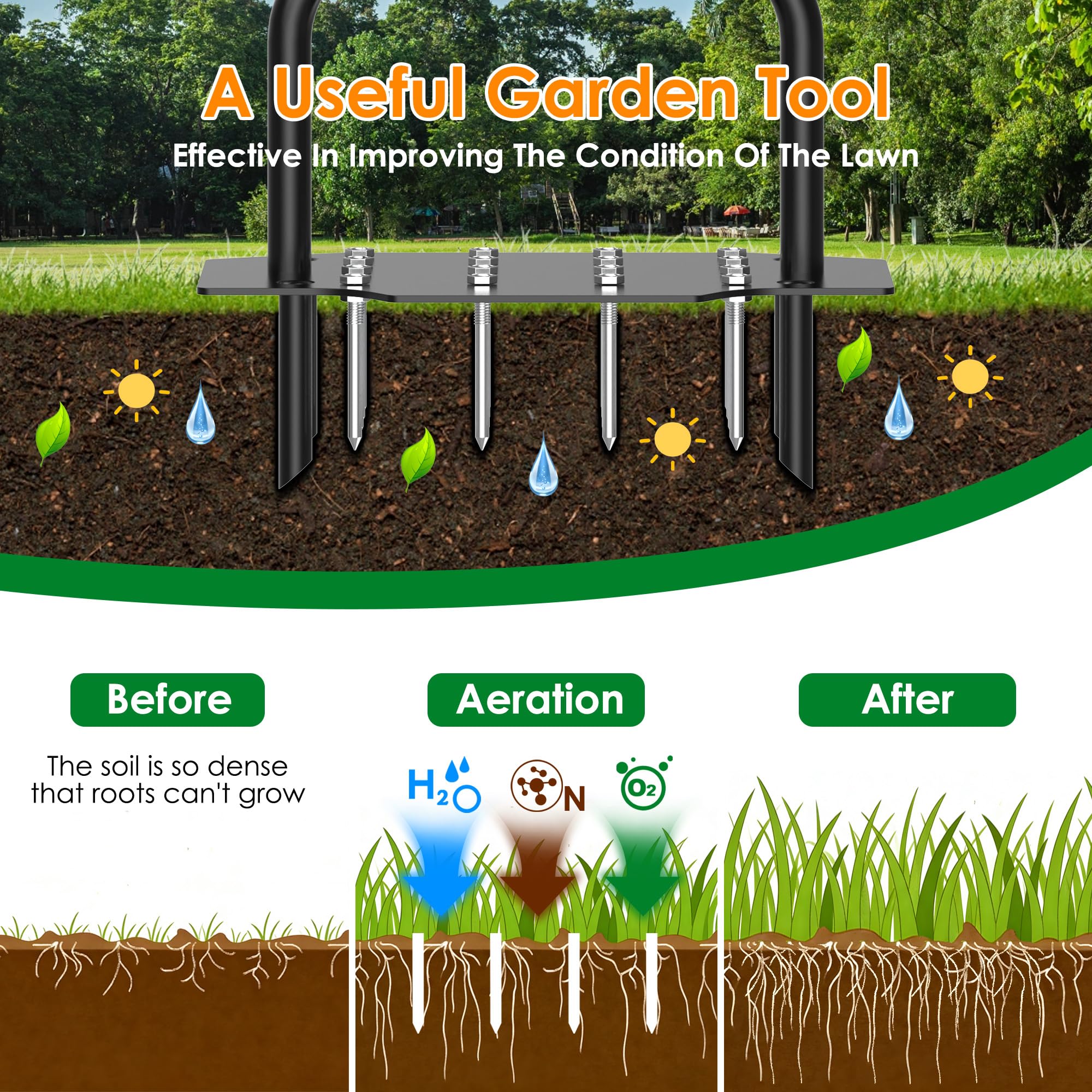 2-in-1 Lawn Aerator, Heavy Duty Manual Core Aerator Lawn Tool with 16 Iron Spikes & 4 Hollow Tines Garden Tools for Yard Grass Soil - 4