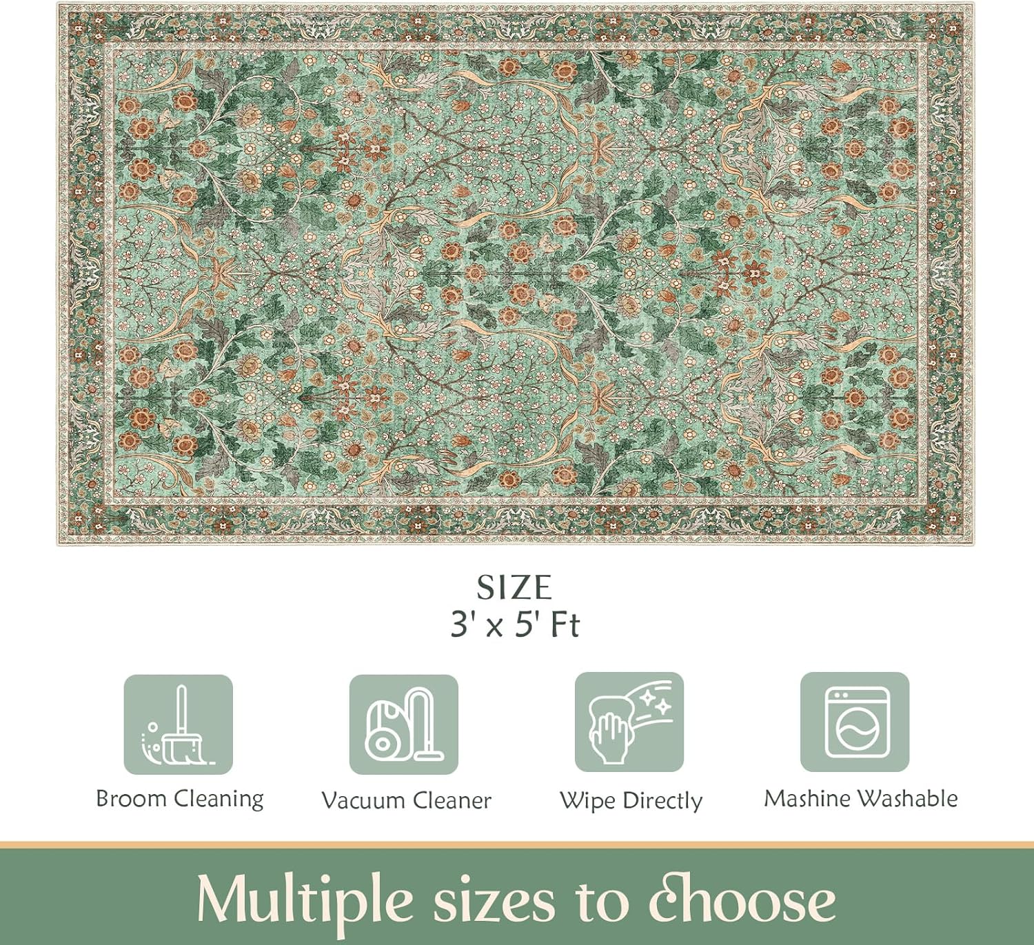 MUJOO 3x5 Green Rug Washable,Floral Area Rug for Bedroom Office Entryway Living Room Bedside,Small Throw Carpet Boho Non Slip Indoor Floor Botanical Vintage Ultra-Thin