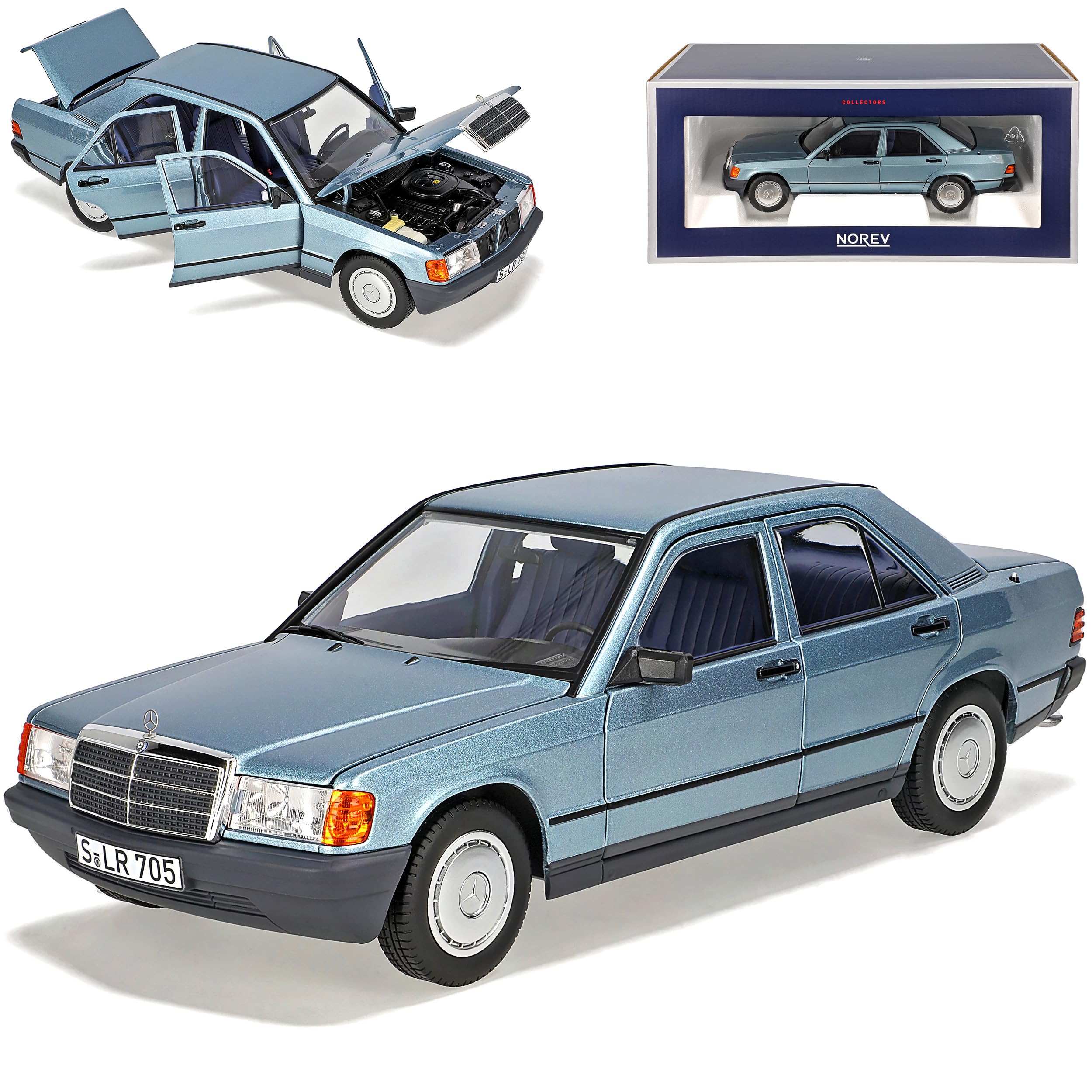 Mercedes-B C-Klasse 190E W201 Hell Blau Metallic 1982-1993 1/18 Norev Modell Auto mit individiuellem Wunschkennzeichen