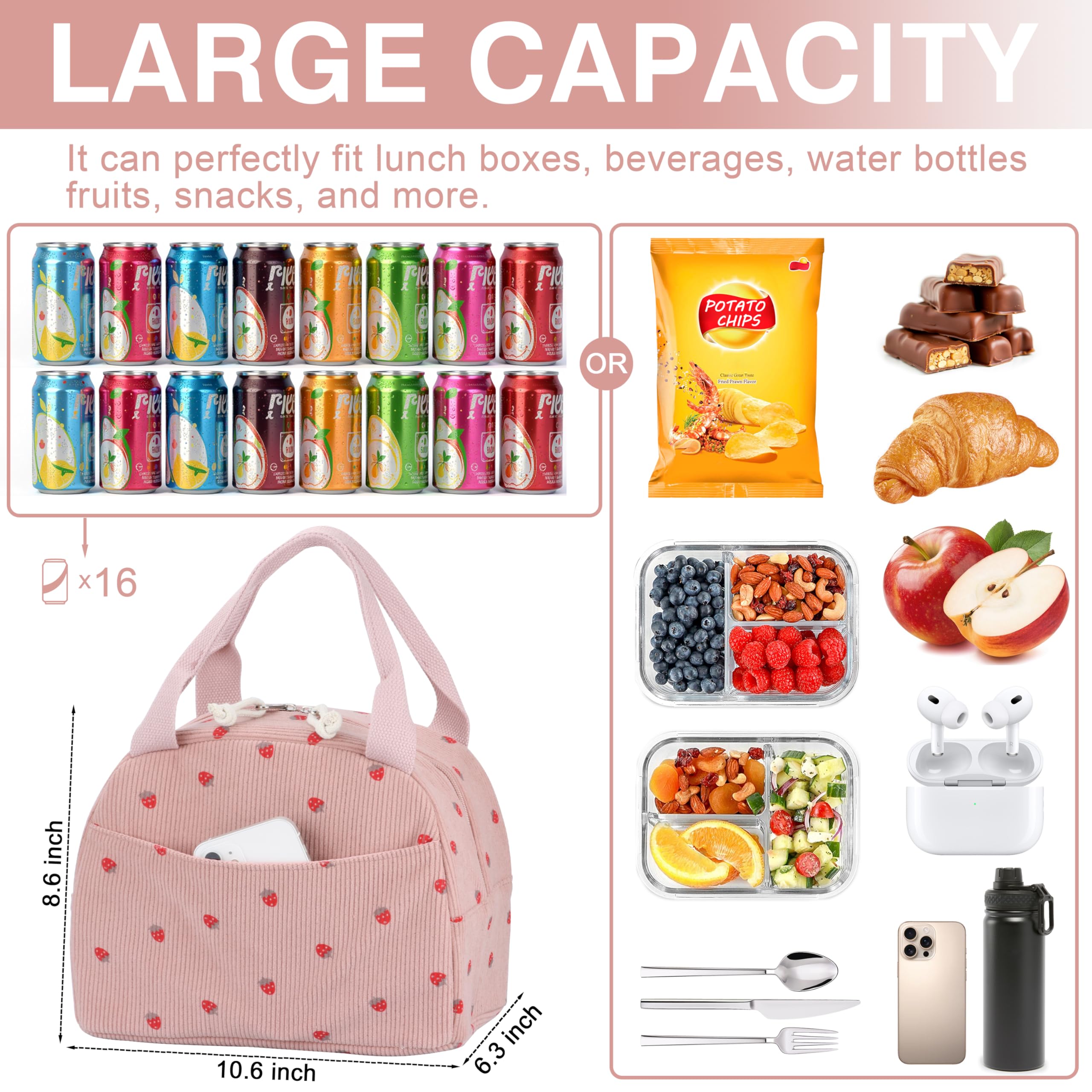 TESAFNG Insulated Lunch Bag For Women - Cute Corduroy Tote, Leakproof Cooler Bag With Adjustable Strap (Strawberry)