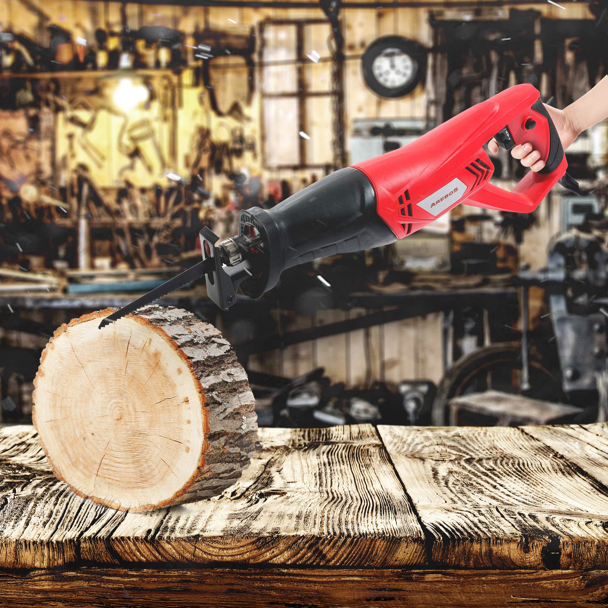 Arebos Scie Sabre Scie a Bois électrique | 750 W | Noir | Rouge | 130 mm | en Bois et en Métal | Patin de Guidage Réglable