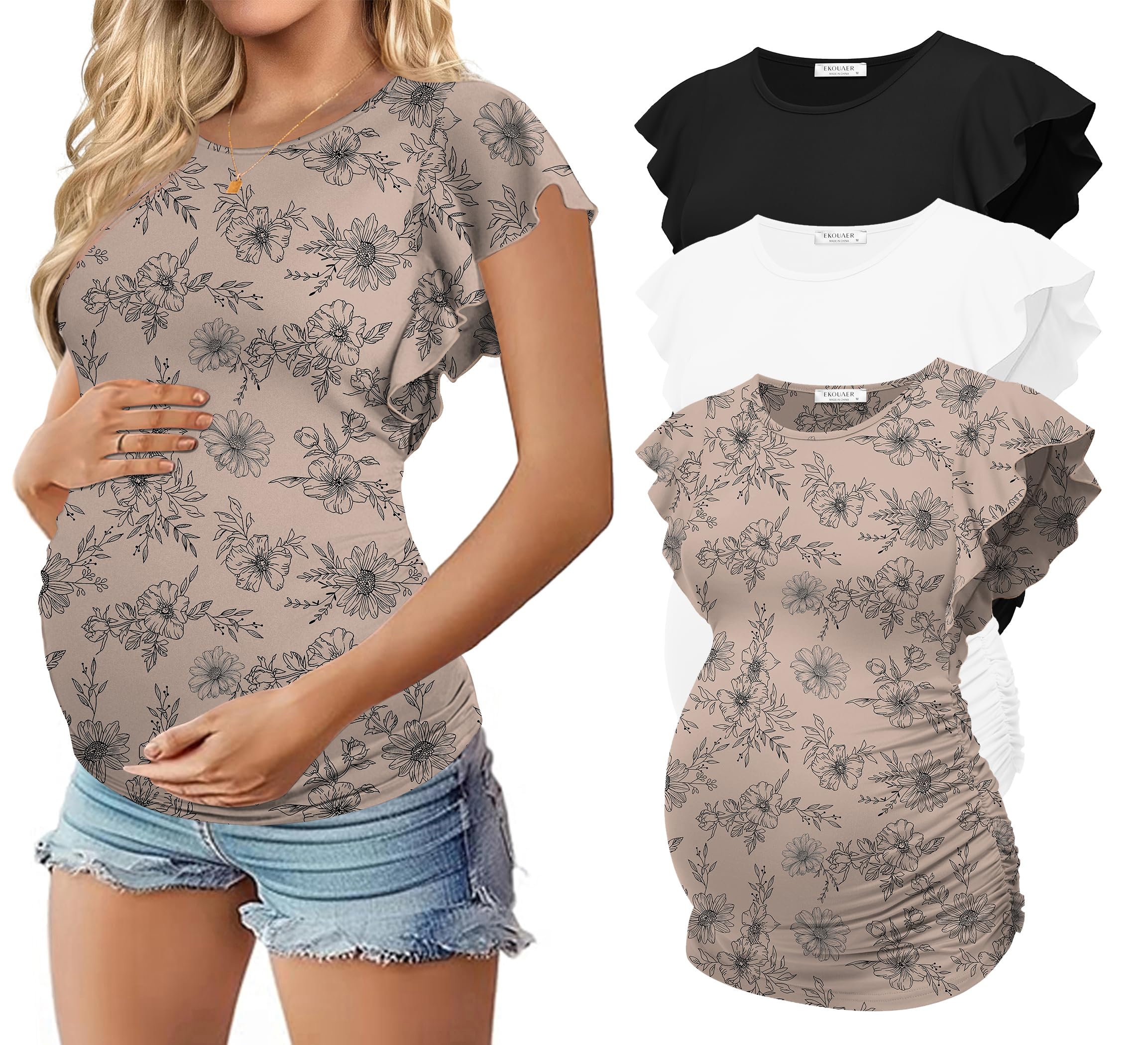 Ekouaer Women's Maternity Shirts 3 Pack Flying Short Sleeve