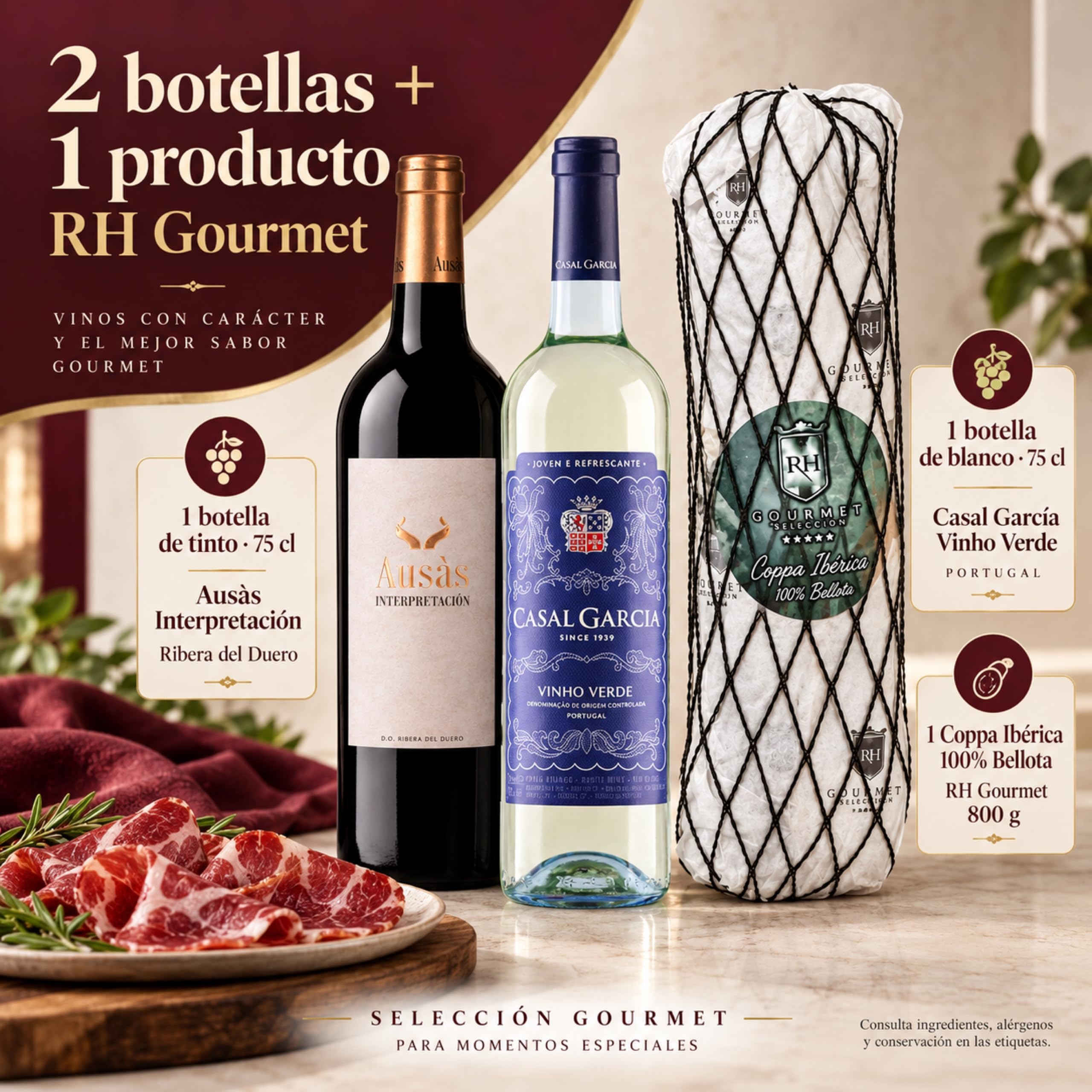 Cesta gourmet Navidad Ausás Interpretación y Casal García Vinho Verde con coppa ibérica de bellota 100% 800 g RH Gourmet, pack de 2 botellas 75 cl