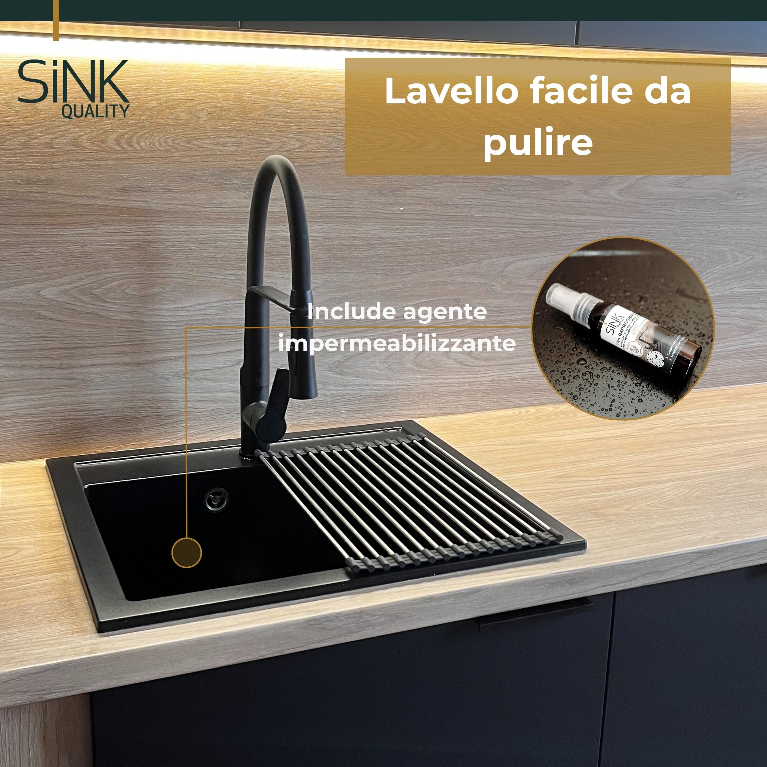 SINK QUALITY Lavello in granito beige 56 x 51 cm – Lavello in granito con sifone e impregnazione – Lavello per sottolavelli a partire da 60 cm di larghezza – Lavello singolo da incasso – Lavabo per