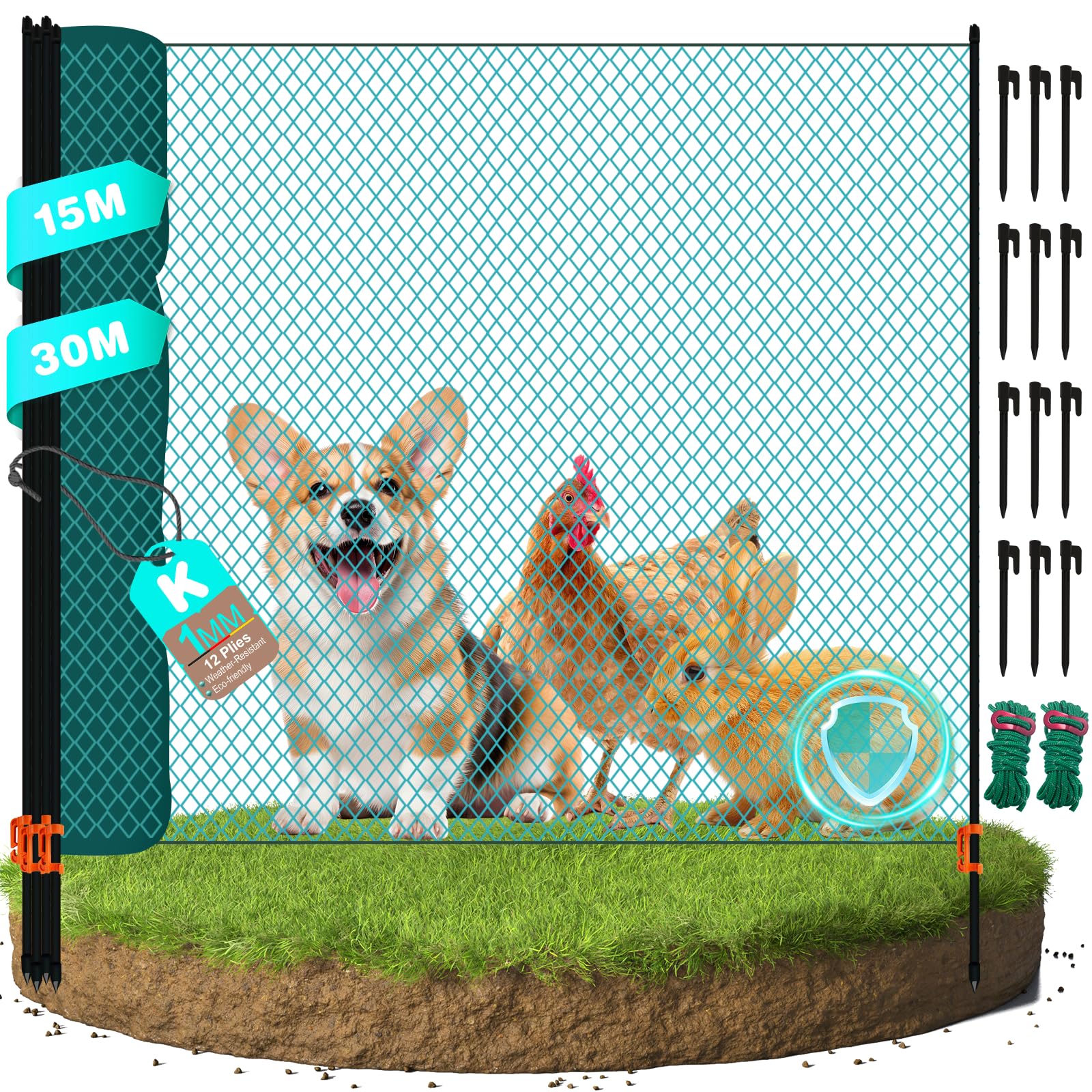 Clôture Mobile pour Poules, 15m 20m 30m 50m X 90cm, Clôture de Délimitation, Filet a Mailles Serrées, Barrière, Clôture À Brancher, Clôture Pour Chats, Clôture de Jardin Pour Cour Camping Maison (15m)