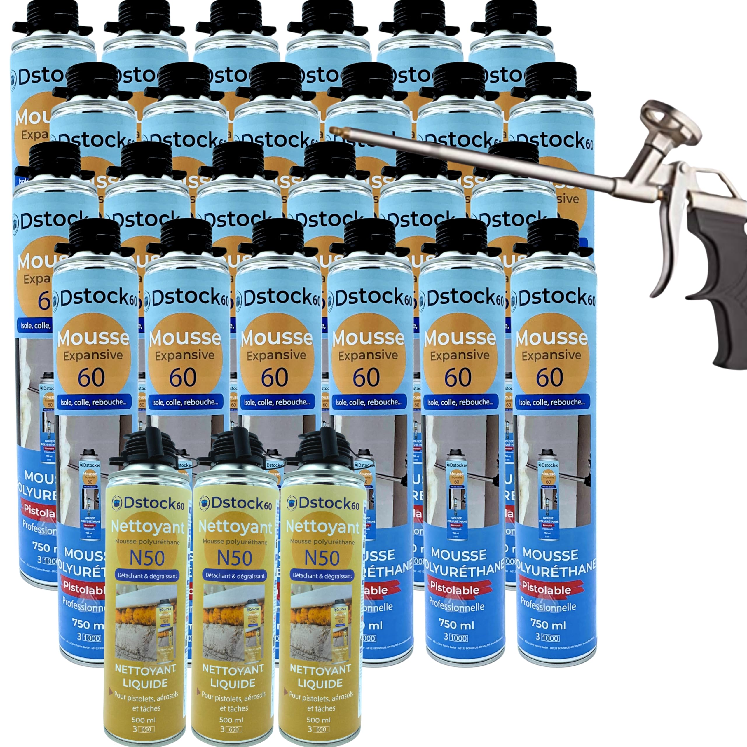 DSTOCK60- Ensemble de 24 Mousses Expansives Pistolables 750 Ml + 1 Pistolet + 3 Nettoyants Mousse - Mousse polyuréthane professionnelle - Isole, colle et rebouche - Extérieur et intérieur