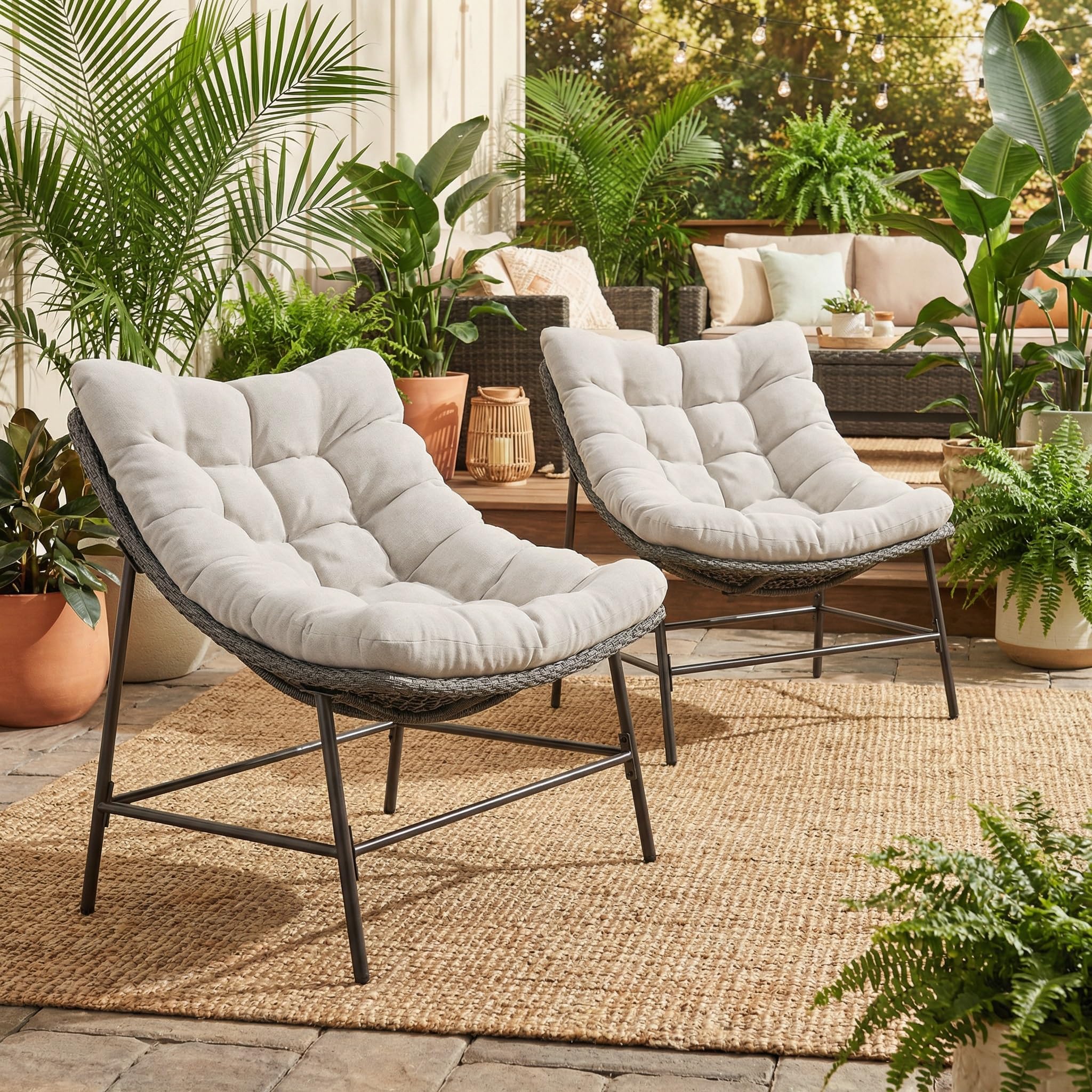 PHI VILLA Egg Chairs Set of 2, Papasan Chairs Garden Lounge Chairs Rattan Patio Chairs, Outdoor Indoor Wicker Chairs with Extra Thick 10cm Cushion and Wrought Iron Frame for Balcony Porch Living Room