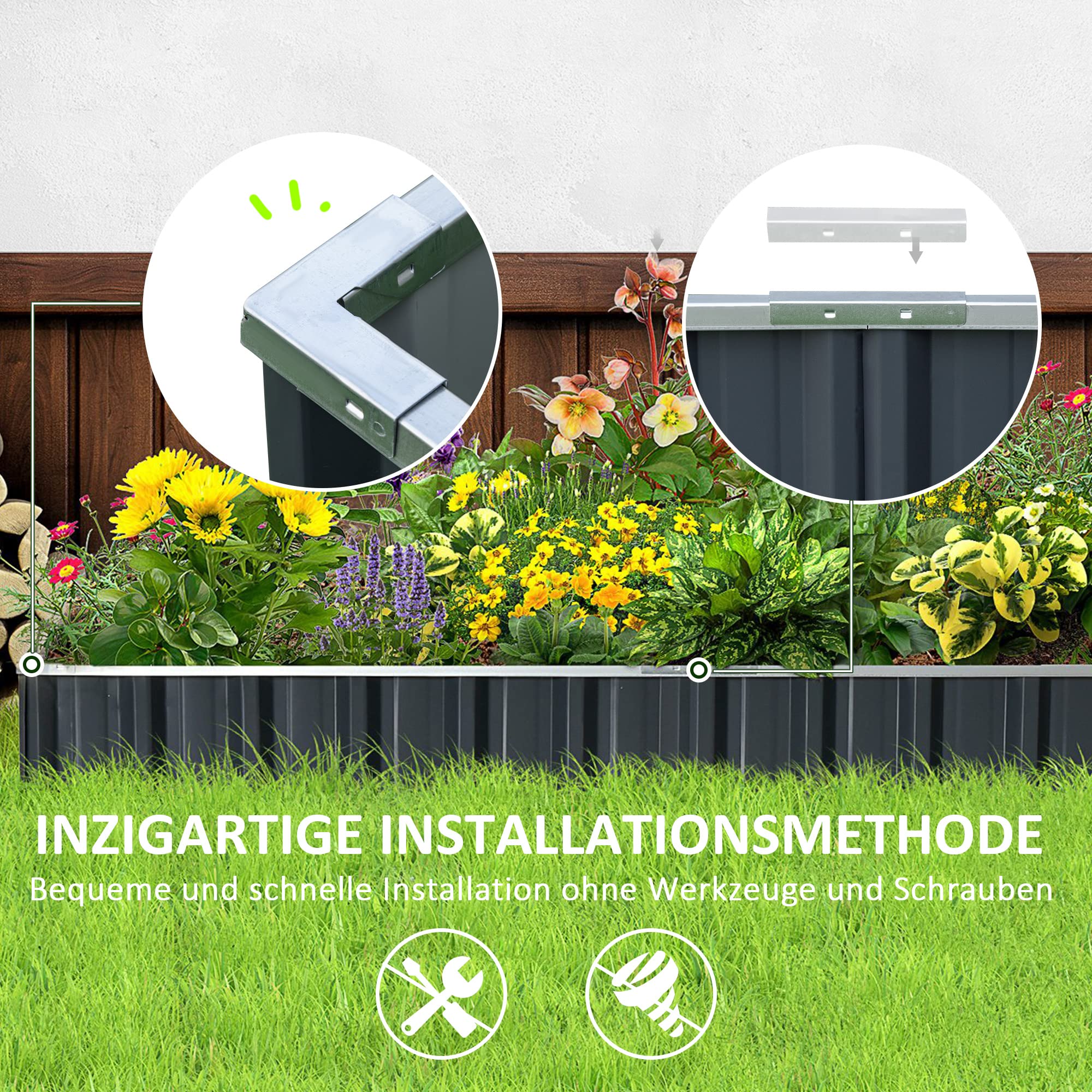 Outsunny Hochbeet aus Stahl DIY für Balkon 258 x 90 x 30 cm Dunkelgrau