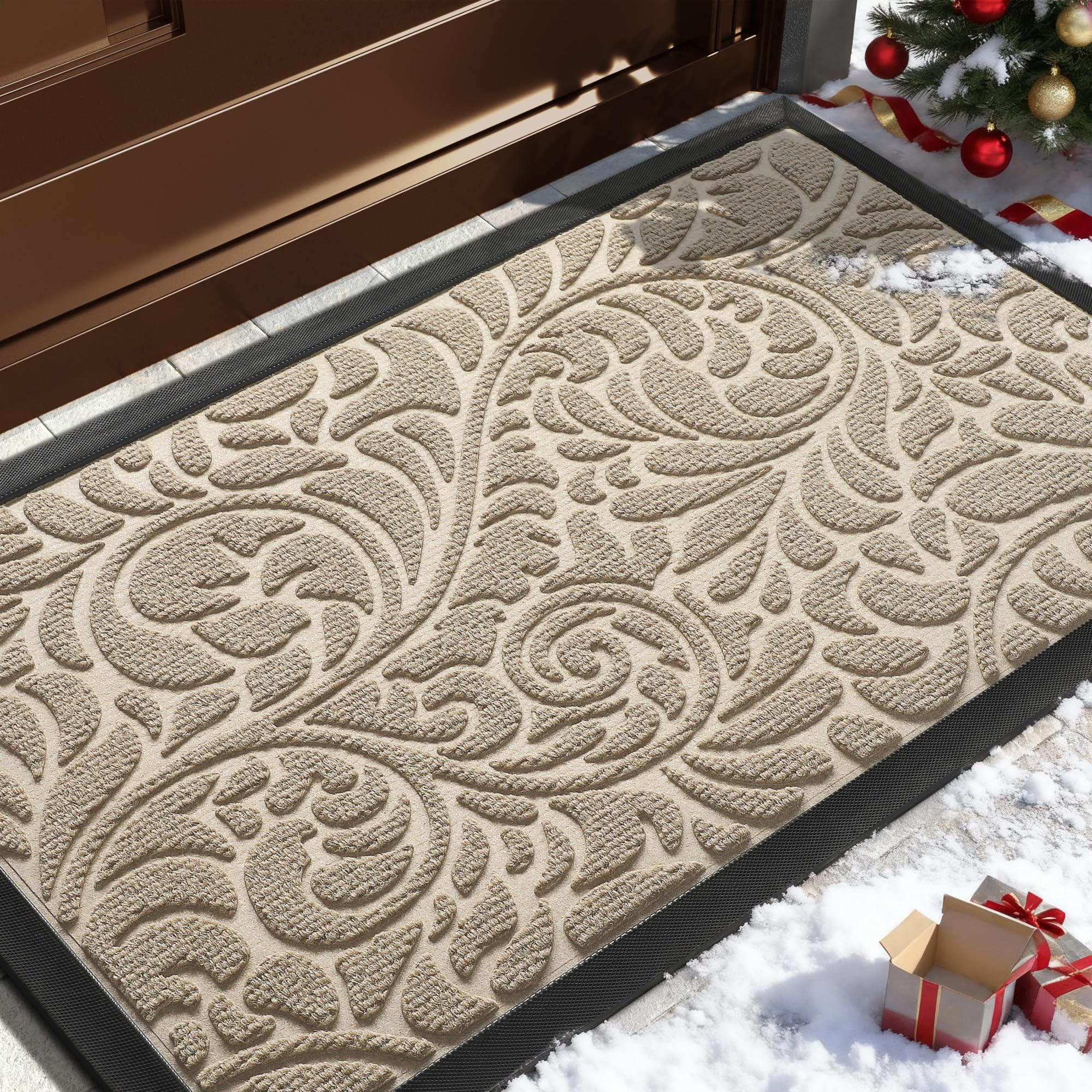 Yimobra Durable Front Door Mats, Heavy Duty Water Absorbent Mud Resistant Easy Clean Entry Outdoor Indoor Rugs,Non Slip Backing, Exterior Mats for Outside Patio Porch Farmhouse, 29.5 x 17, Beige