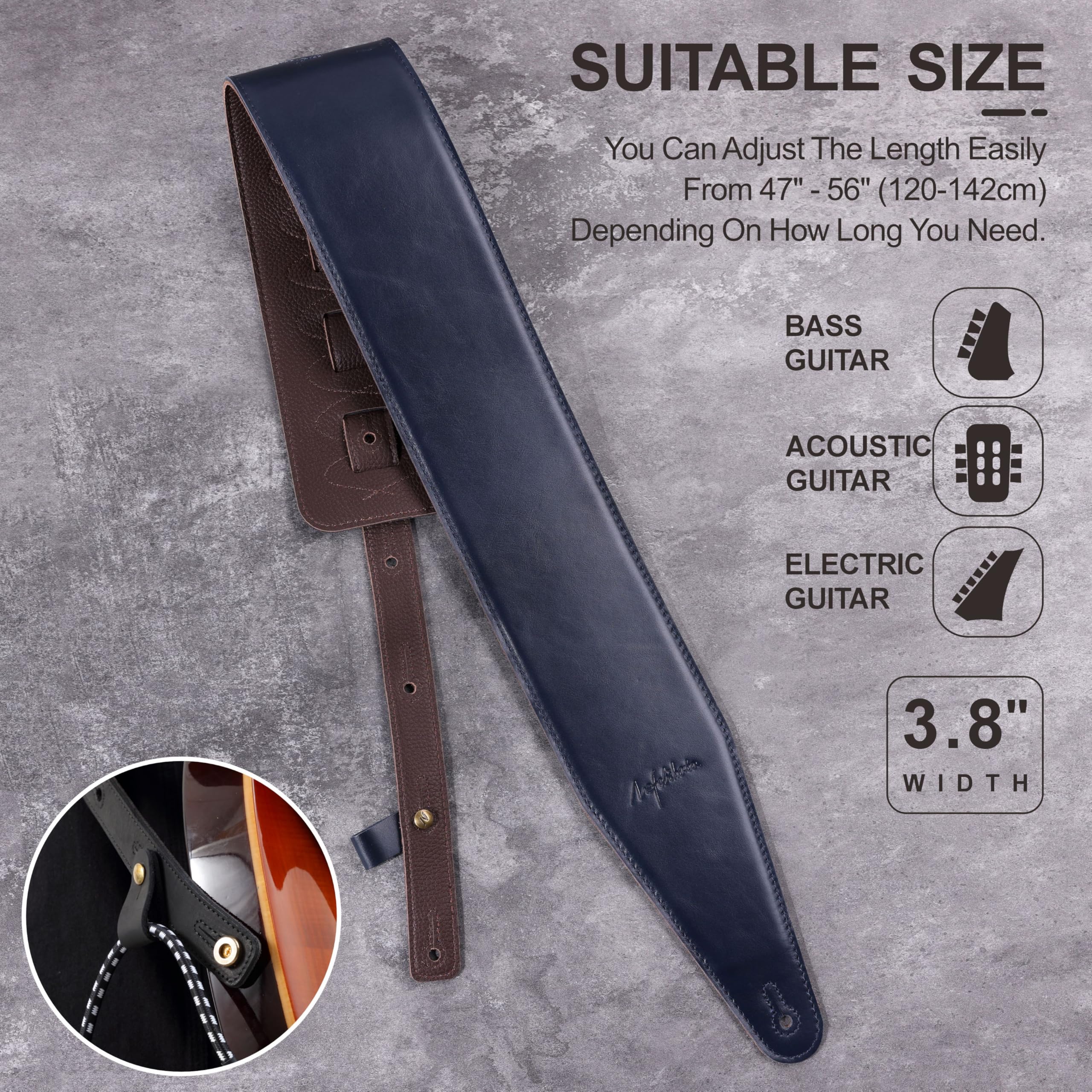 Nefelibata Correa de guitarra de 3,8 pulgadas de ancho, correa ajustable de piel de grano completo con acolchado de espuma para bajo, guitarra eléctrica y acústica, azul, Einstellbar von 47" bis 56"