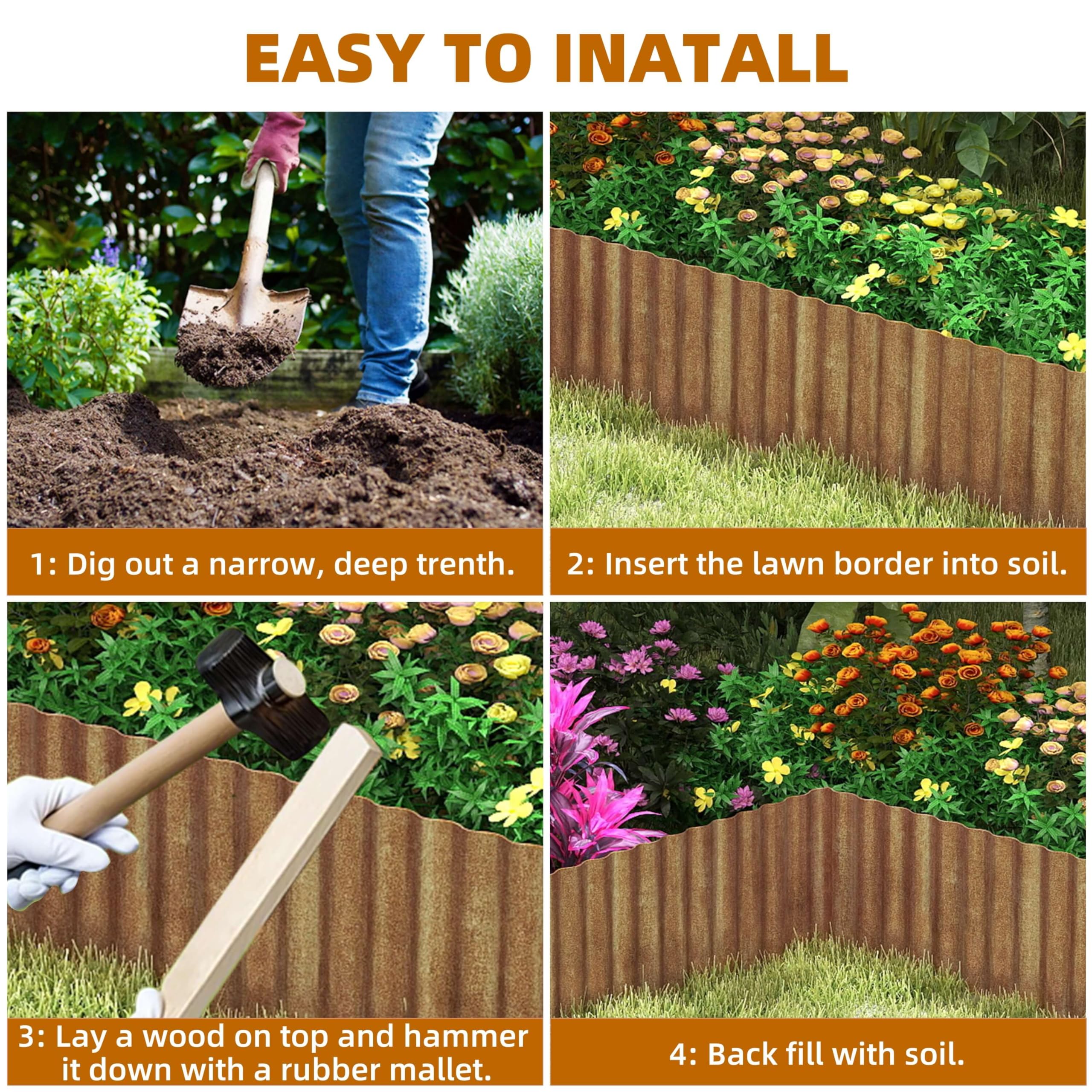 Cortenstahl Rasenkante Metall-Beeteinfassung for Garten - 30x1200cm Gewellte Beetumrandung zur DIY-Rasen, Blumenbeet und Landschaftsgestaltung (Echter Rost)