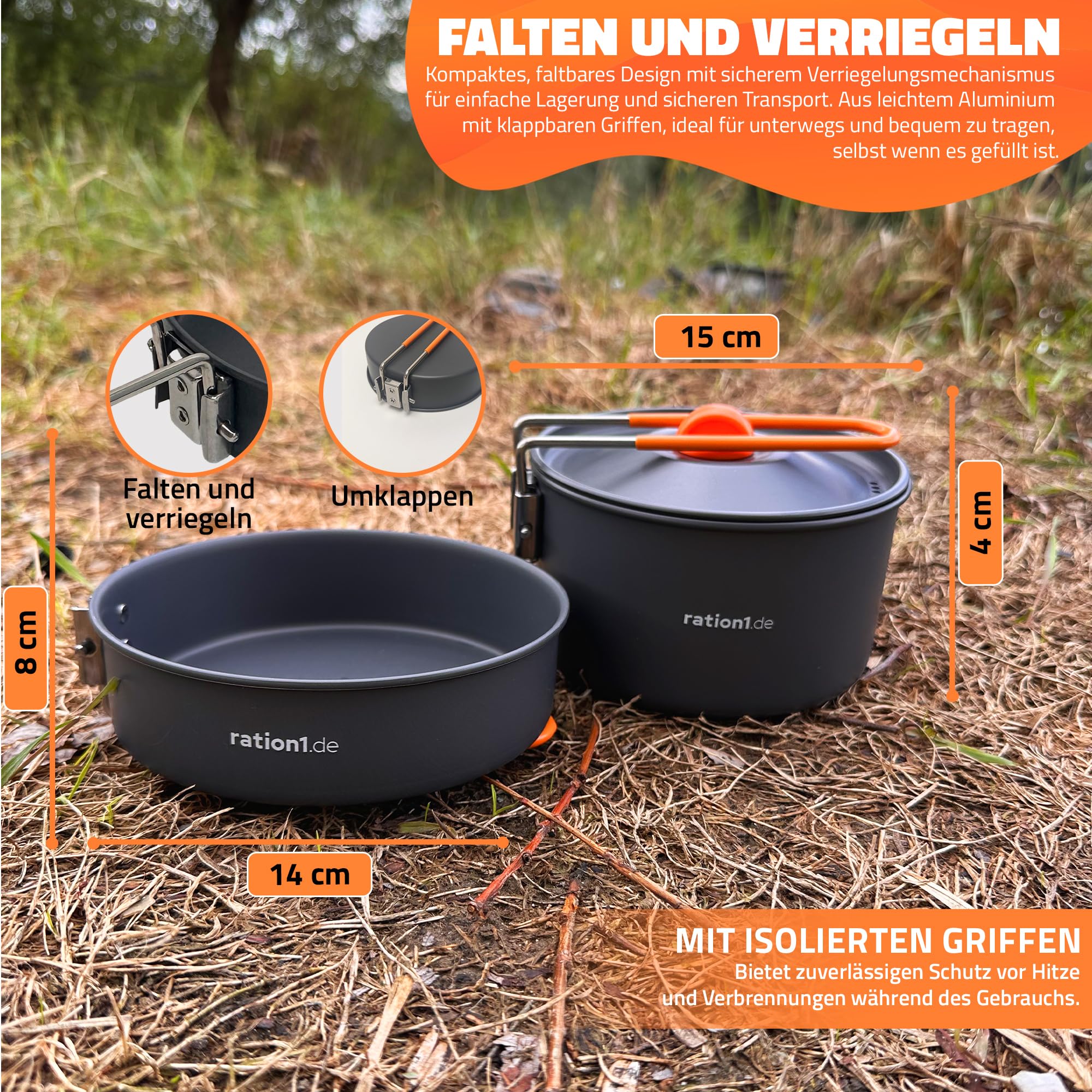 ration1 Camping Gaskocher Set - 7-teiliges Aluminium Topfset, 3 Gaskartuschen, Campingkocher, lebensmittelechte Töpfe & Schalen, Feuerzeug - Kompaktes Outdoor & Camping Kochset