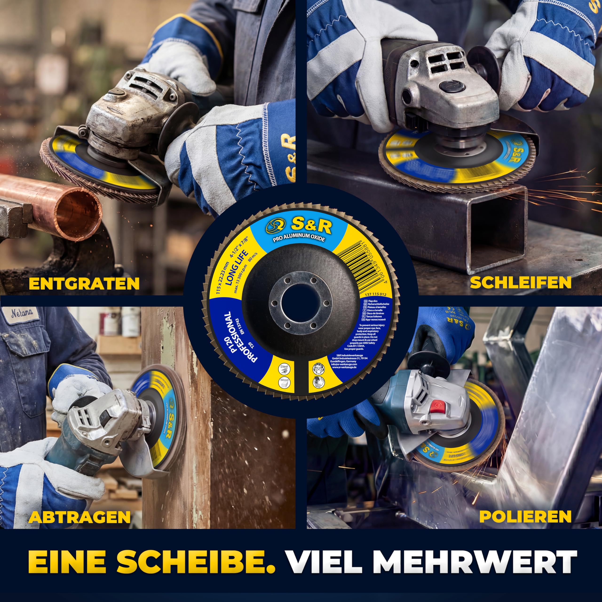 S&R Fächerschleifer Set 20 St., 115 x 22,23 mm, PRO ALUMINIUM OXID, T29, Fächerschleifscheiben, Lamellenschleifer, Schruppscheiben für Holz und Metall, je 5x Körnung P40/60/80/120