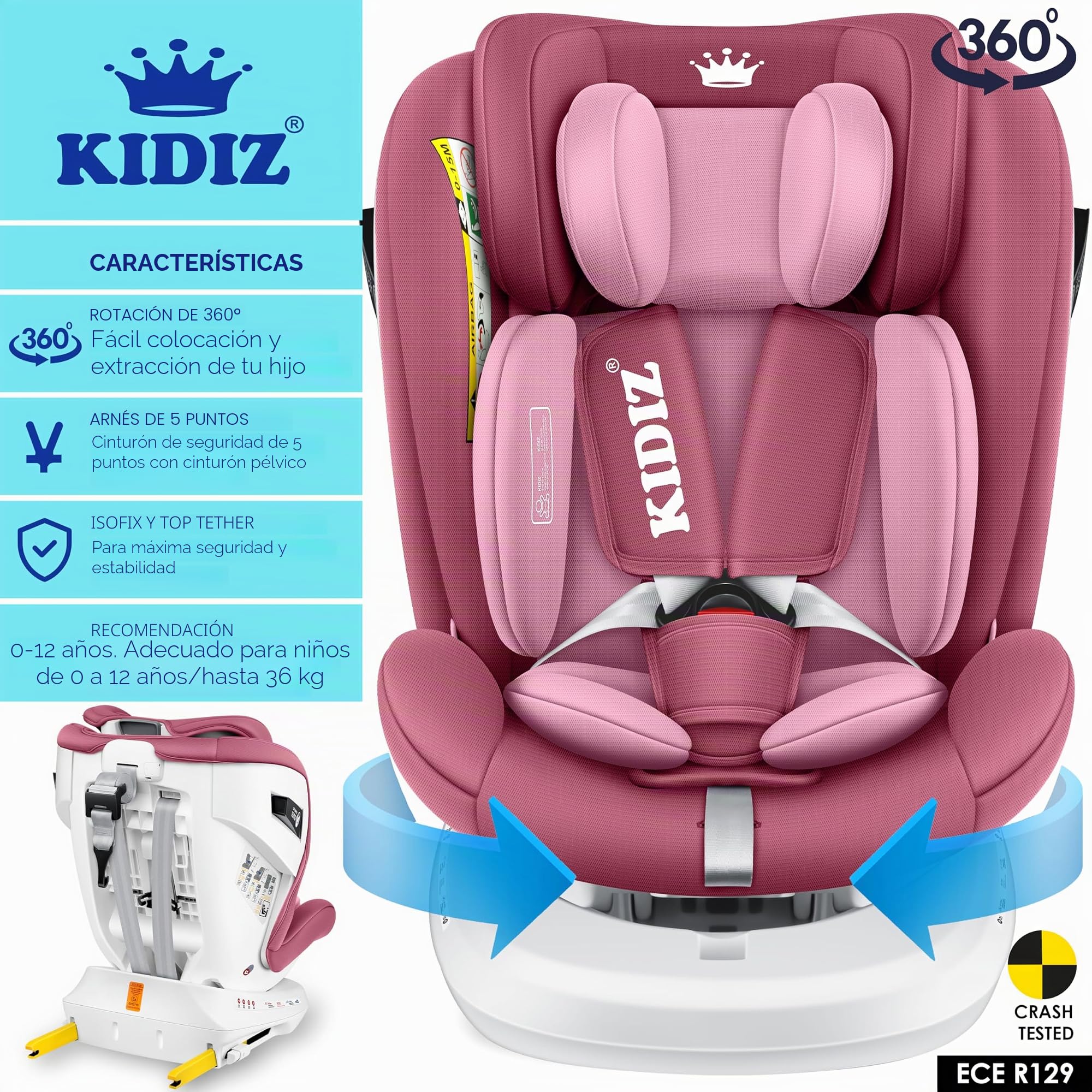 KIDIZ® Silla de coche para bebés Isofix Top Tether 360° giratoria, grupo 0/1/2/3 desde el nacimiento 0-36 kg, con toldo, arnés de 5 puntos, ajuste del reposacabezas ECE R129