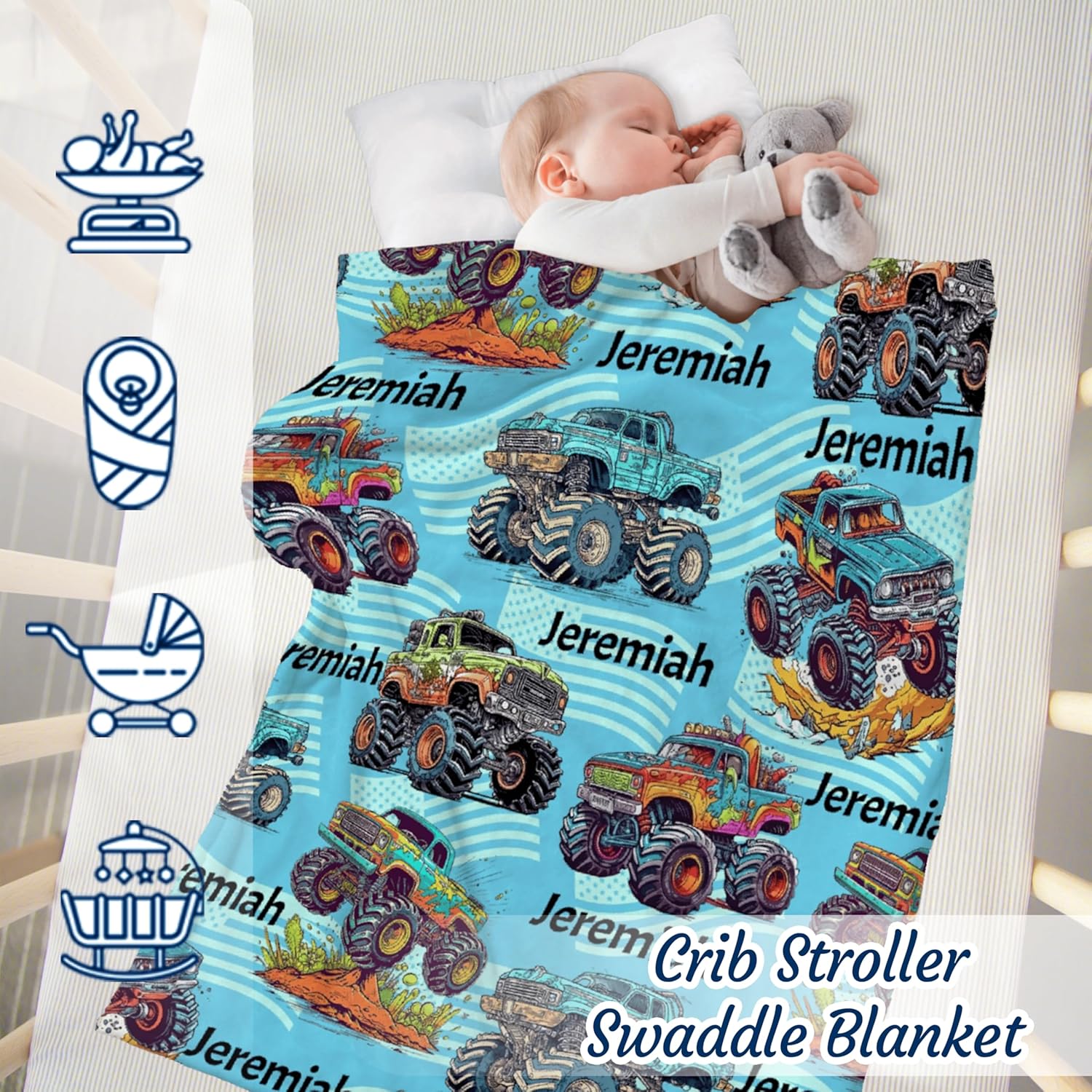 Personalized Car Blanket with Name for Boy, Customized Baby Blanket with Name for Boy, Soft Flannel Car Toddler Gifts for Christmas Birthday Memorial Day for Shower Children Bed 50"x60"