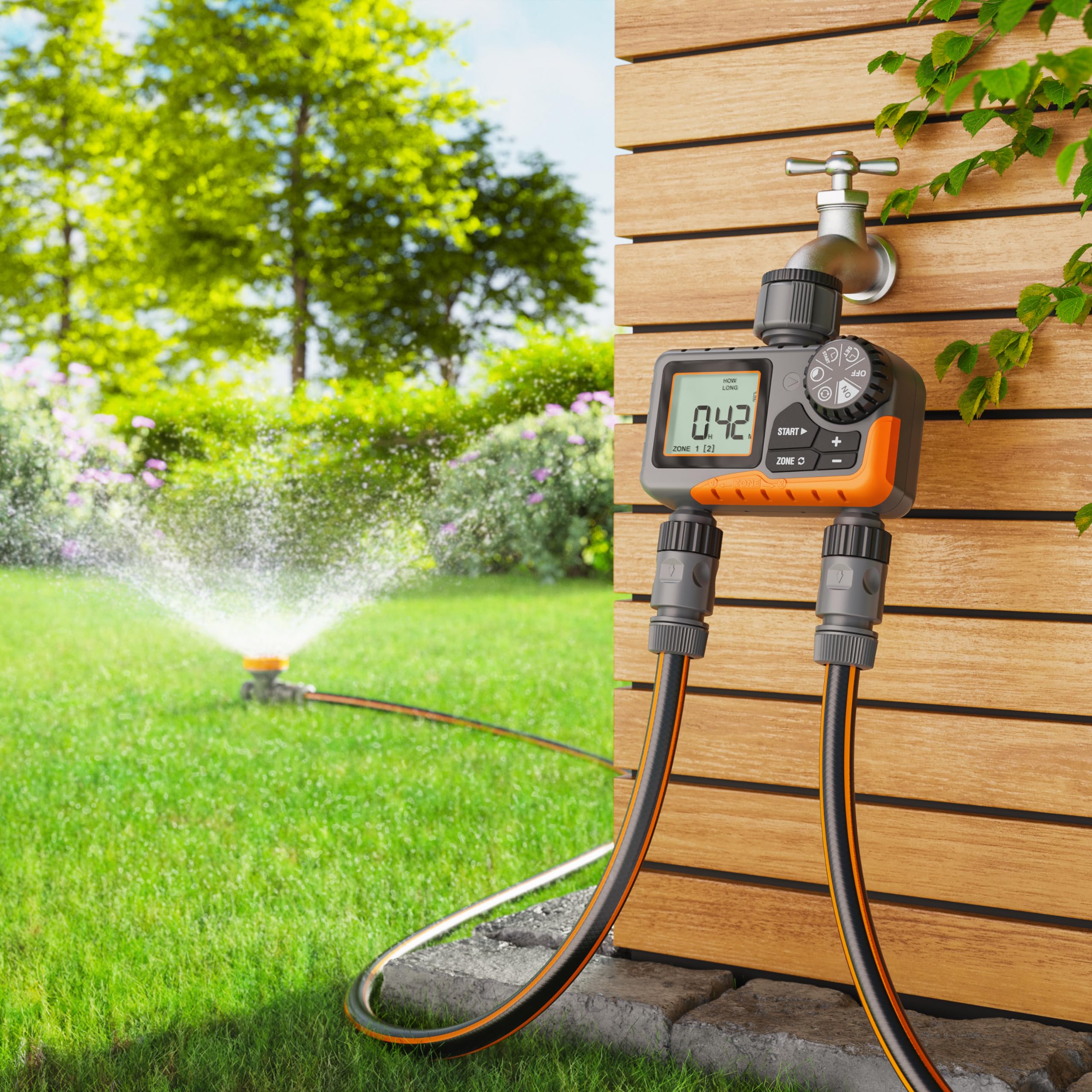 Brandson - digitaler Bewässerungscomputer mit Display - 2 Ausgänge Zonen - Bewässerungssteuerung - Bewässerungssystem – Automatische Bewässerung - Regenverzögerung - Balkon Terrasse Garten