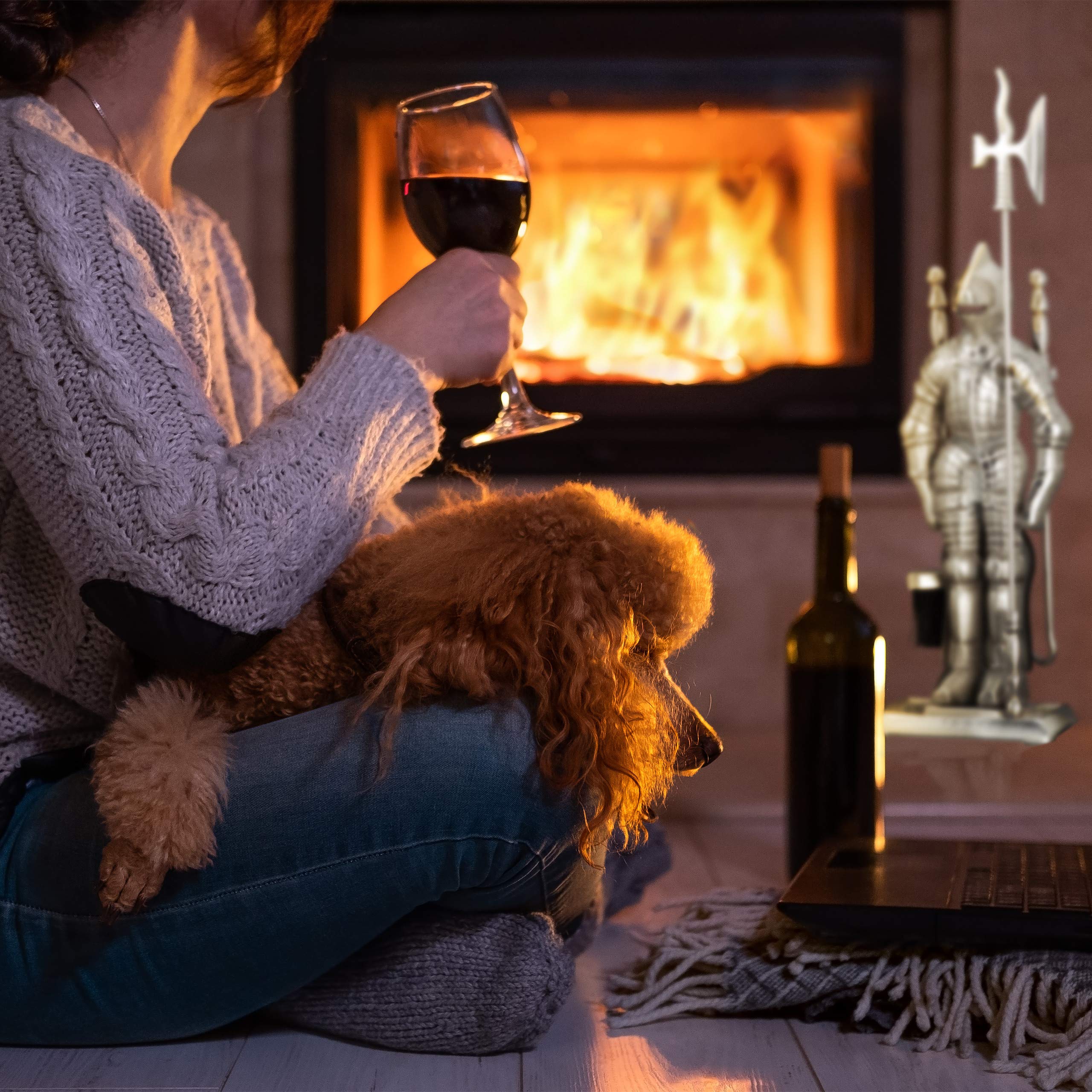 Relaxdays Zestaw do kominka Ritter, 4-częściowy zestaw z żeliwa, łopatka, miotła, pogrzebacz, uchwyt, srebrny