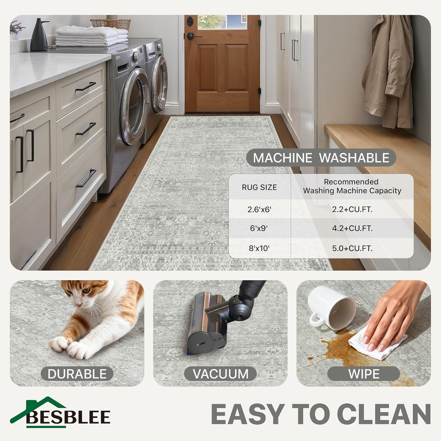 BESBLEE 6x9 Area Rugs for Living Room, Machine Washable Rug, Non Slip Vintage Rugs, Low Pile Lightweight Print Rug for Bedroom, Dining Room, Home Office, Grey