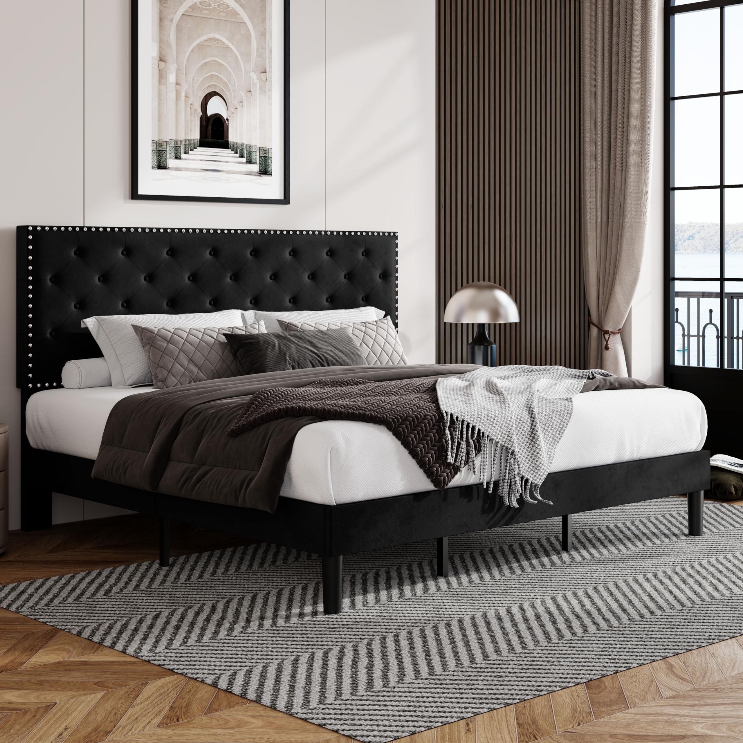 Allewie King Size Velvet Upholstered Platform Bed Frame with Adjustable Diamond Button Tufted and Nailhead Trim Headboard Wood
