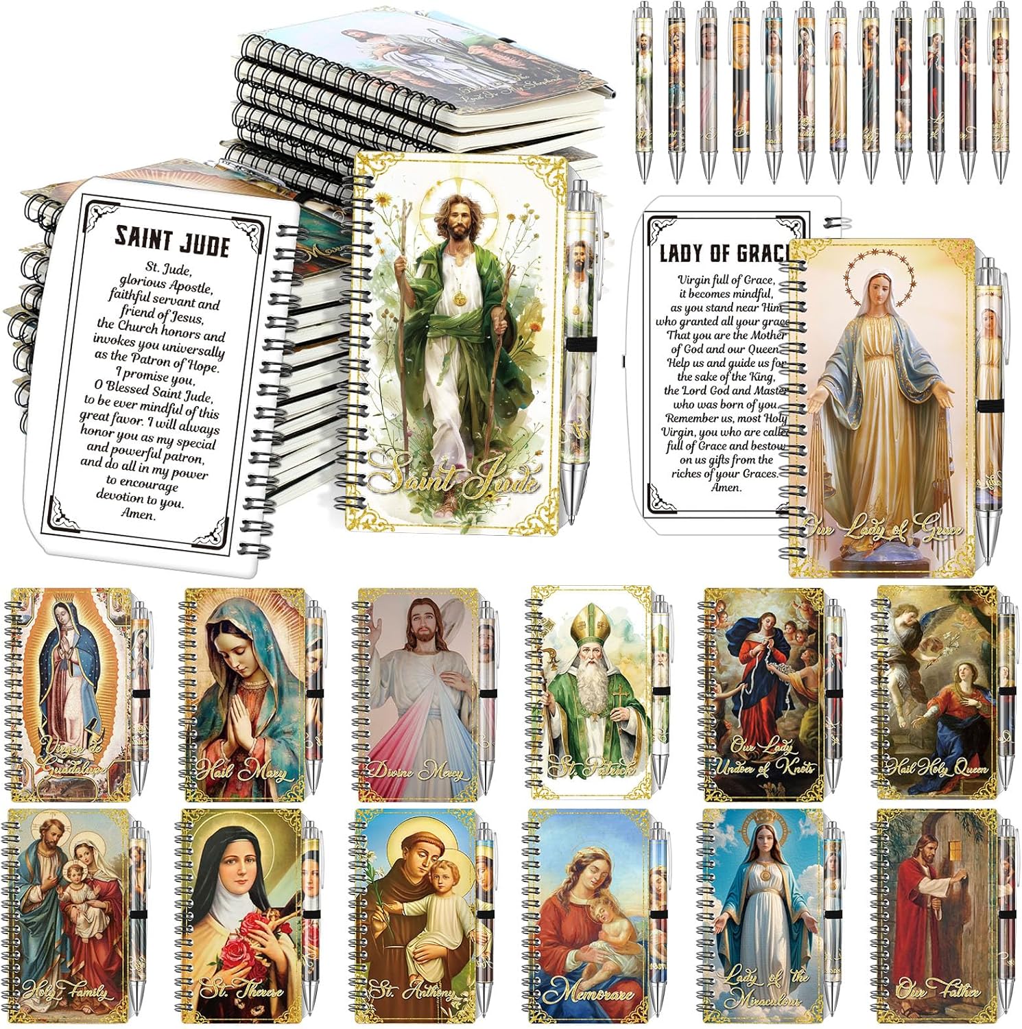 60 Pcs Easter Catholic Gift Bulk Inspirational Saint Spiral Prayer Journals with Pen Christian Scripture Notebook Holy Week Religious Gift for Mother Day Women Men Church Members (Classic)