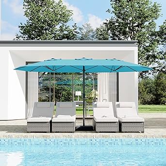 15 Ft Large Patio Umbrella with Base Included, Outdoor Double-Sided Rectangle Umbrella with Crank Handle, Outdoor Umbrella for Backyard, Pool, Patio,