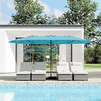 15 Ft Large Patio Umbrella with Base Included, Outdoor Double-Sided Rectangle Umbrella with Crank Handle, Outdoor Umbrella for Backyard, Pool, Patio,
