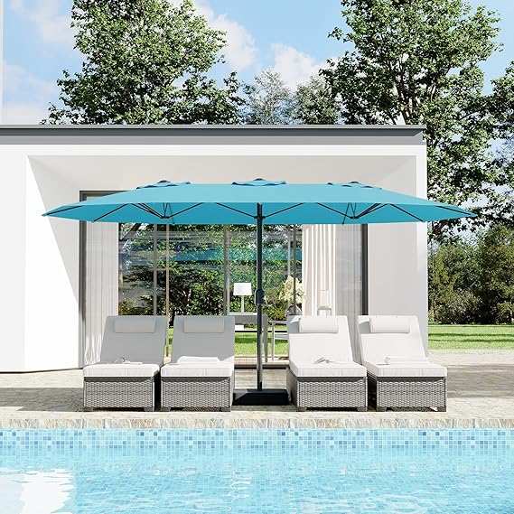 15 Ft Large Patio Umbrella with Base Included, Outdoor Double-Sided Rectangle Umbrella with Crank Handle, Outdoor Umbrella for Backyard, Pool, Patio,
