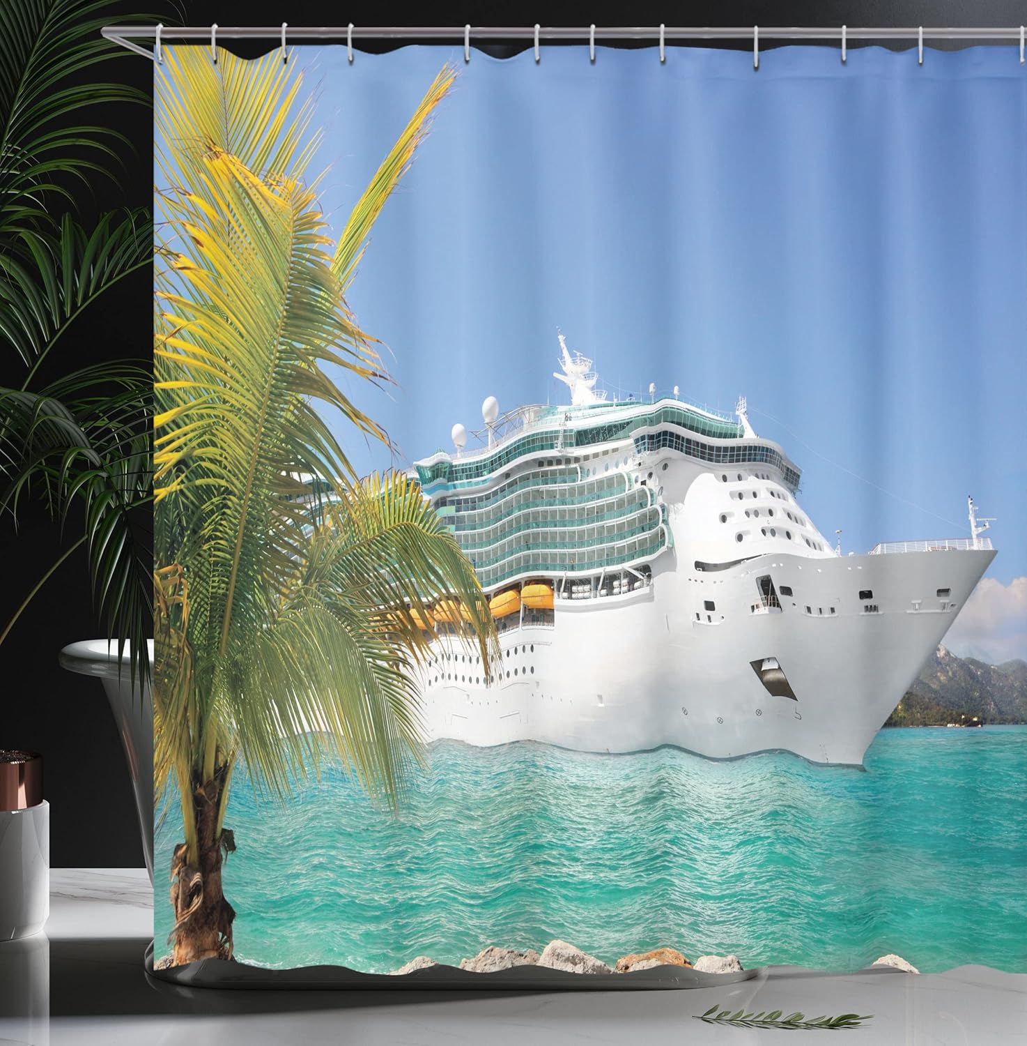 Ambesonne Holiday Shower Curtain, A Cruise Ship Sailing to The Port on a Vacation for a Tropic Relaxation with Traveling Maritime, Cloth Fabric Bathroom Set with Hooks, 69" W x 70" L, Turquoise Green