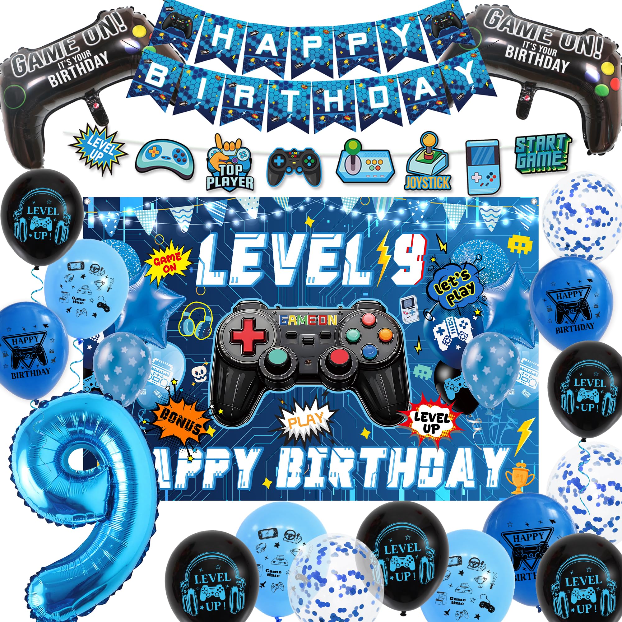9th Birthday Decorations Banner Set - Blue Gaming Theme Balloons Kit with Hanging Swirls, Happy Birthday Backdrop Banners and Foil Balloons for Boys 9 Years Old Party Supplies