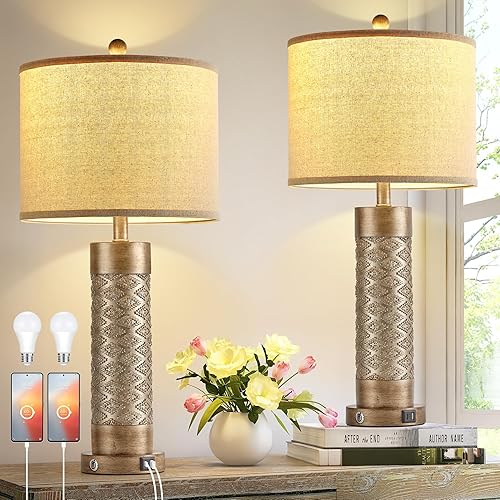 Juego de 2 lámparas de mesa de granja de 28.5 pulgadas con puertos USB, lámpara de mesa alta con 2 bombillas de luz nocturna, lámpara de noche