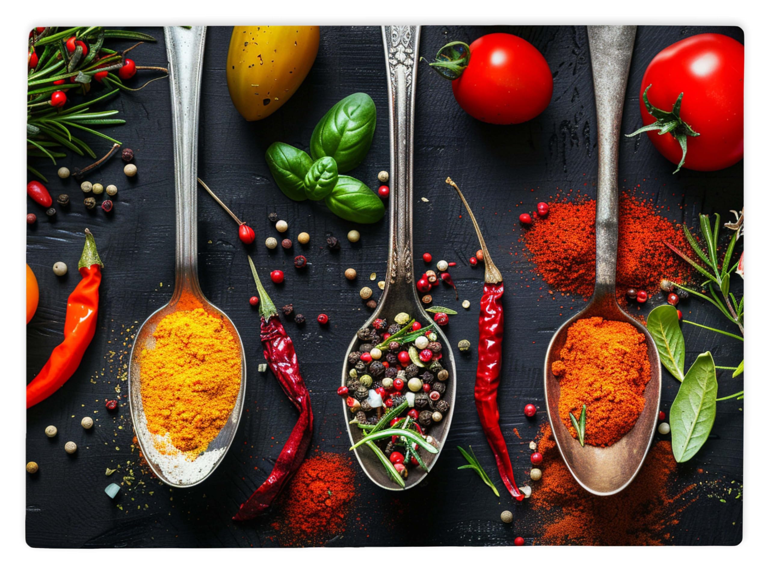 Shopagift Spices Spoon and Vegetables Glass Chopping Board Large Kitchen Worktop Saver 39cm x 28cm