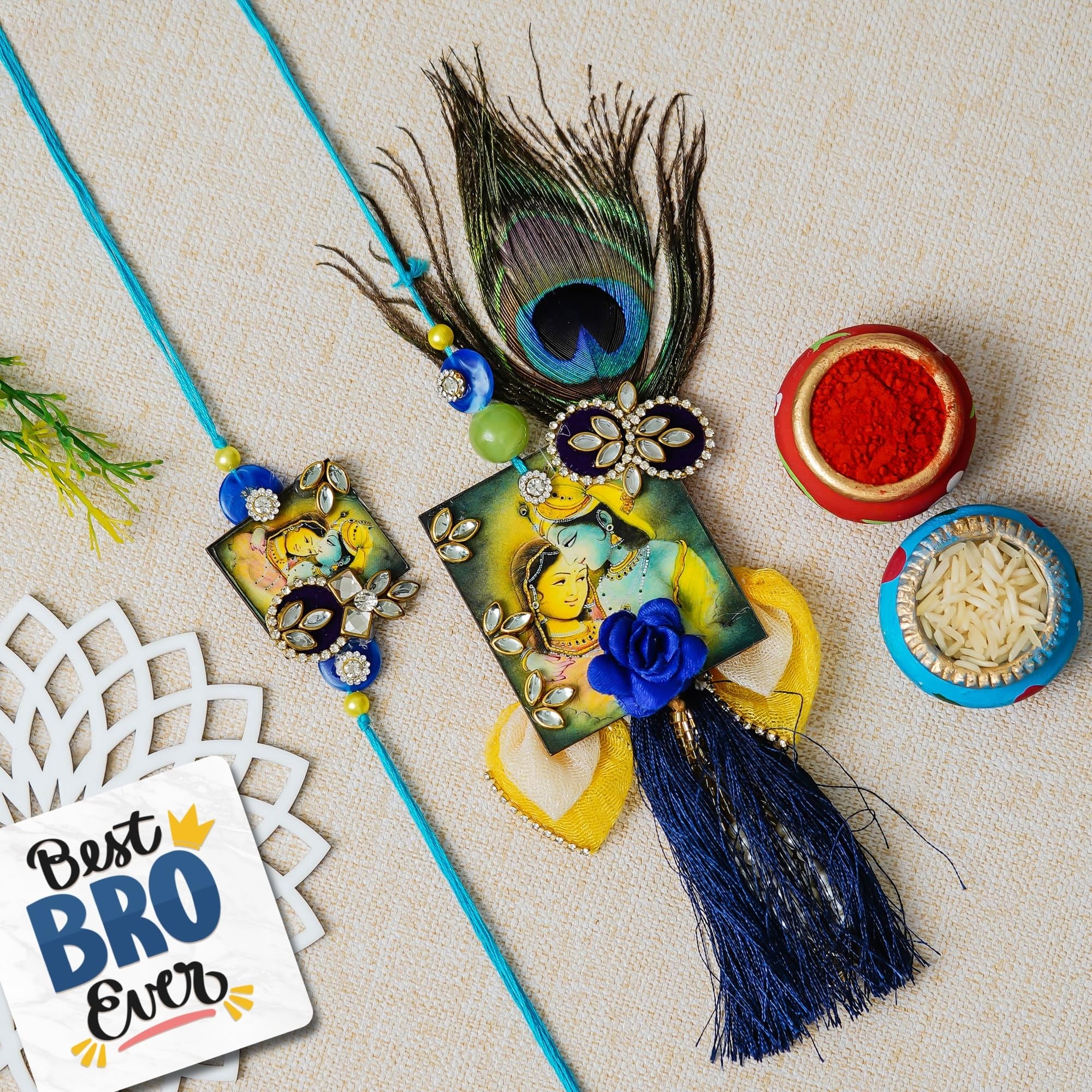 eCraftIndia Radha Krishna Designer Rakhis for Brother and Bhabhi | Bhaiya Bhabhi Rakhi Set of 2 | Lumba Rakhi for Bhabhi
