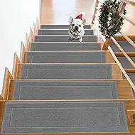 Non-Slip Stair Treads for Wooden Steps Indoor, 15 Pack 8" X 30" Edging Stair Rugs with TPE Backing, 0.4" Thick Carpet Stair Treads for Kids Elders & Pets, 100% Polyester Soft Stair Runners, Light Grey