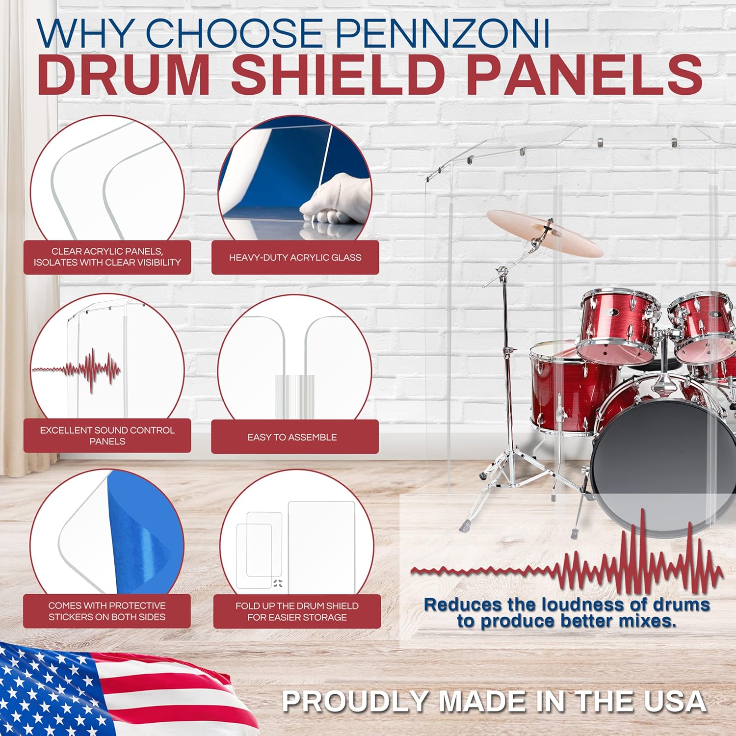 PENNZONI Drum Shield 6ft w/Deflectors & Plastic Hinges, Comes w/ 5 Drum Panels, Plastic Hinges & Deflector Connectors, Premium Clear Acrylic Panels