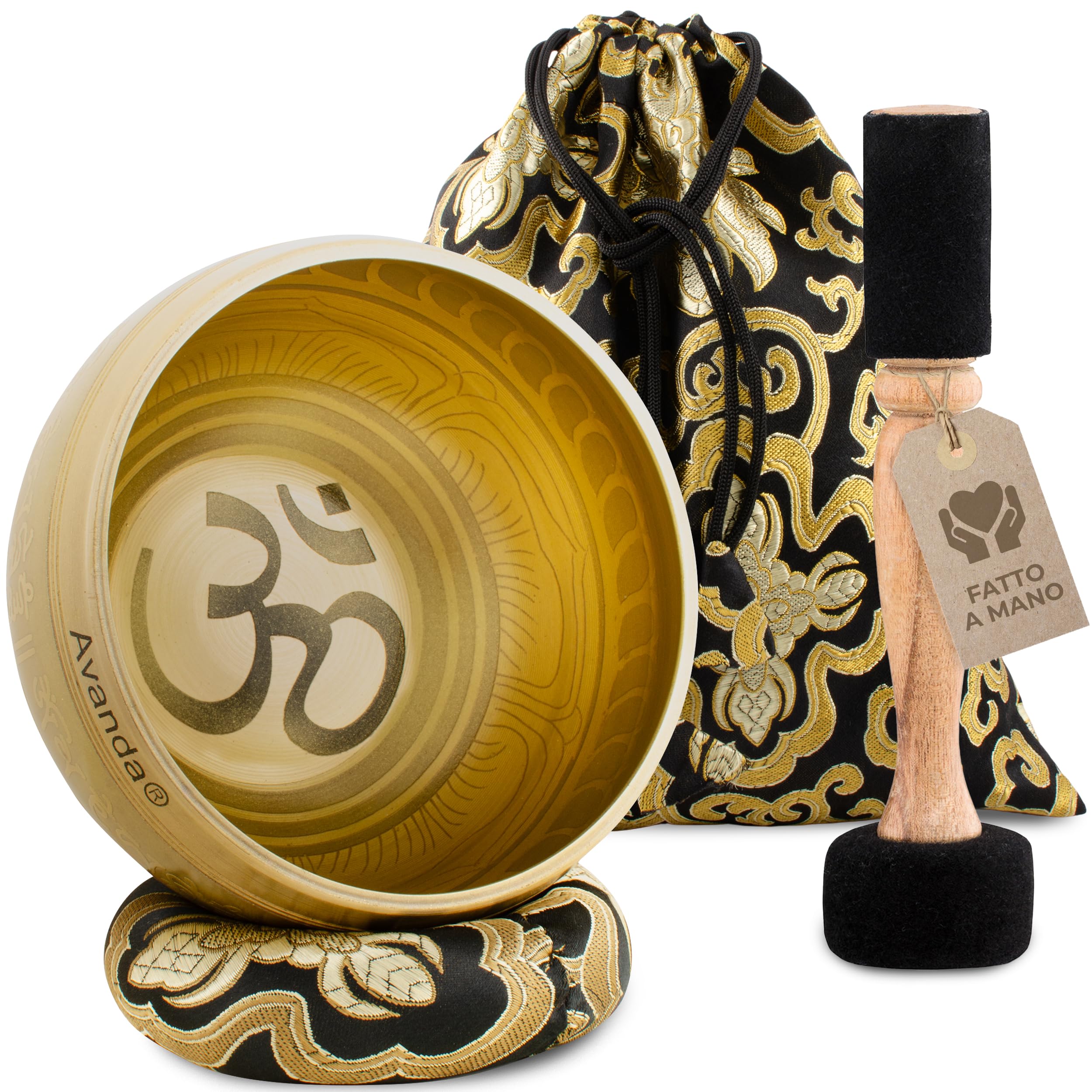 Set Campane Tibetane Om per Yoga, Meditazione e Relax - Campana Tibetana Dipinta a Mano Ø 10 cm, Doppio Battitore con Feltro e Pelle, Cuscino per Anelli, Borsa e Istruzioni