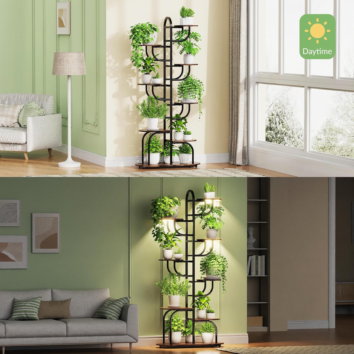 Arch Plant Stand Indoor | Large 8-Tiered Tall Plant Stand with Full Spectrum Grow Light | Corner Black Freestanding Display Shelf for Collectibles | Suitable for Living Room, Study, Entrance, Balcony
