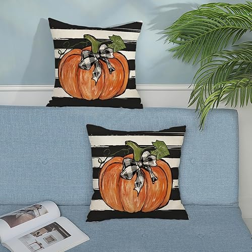 Miniatura 141 de Juego de 2 fundas de almohada de otoño de 18 x 18 pulgadas, hojas de arce de calabaza y búfalo a cuadros, decoración de otoño, de lino, Acción