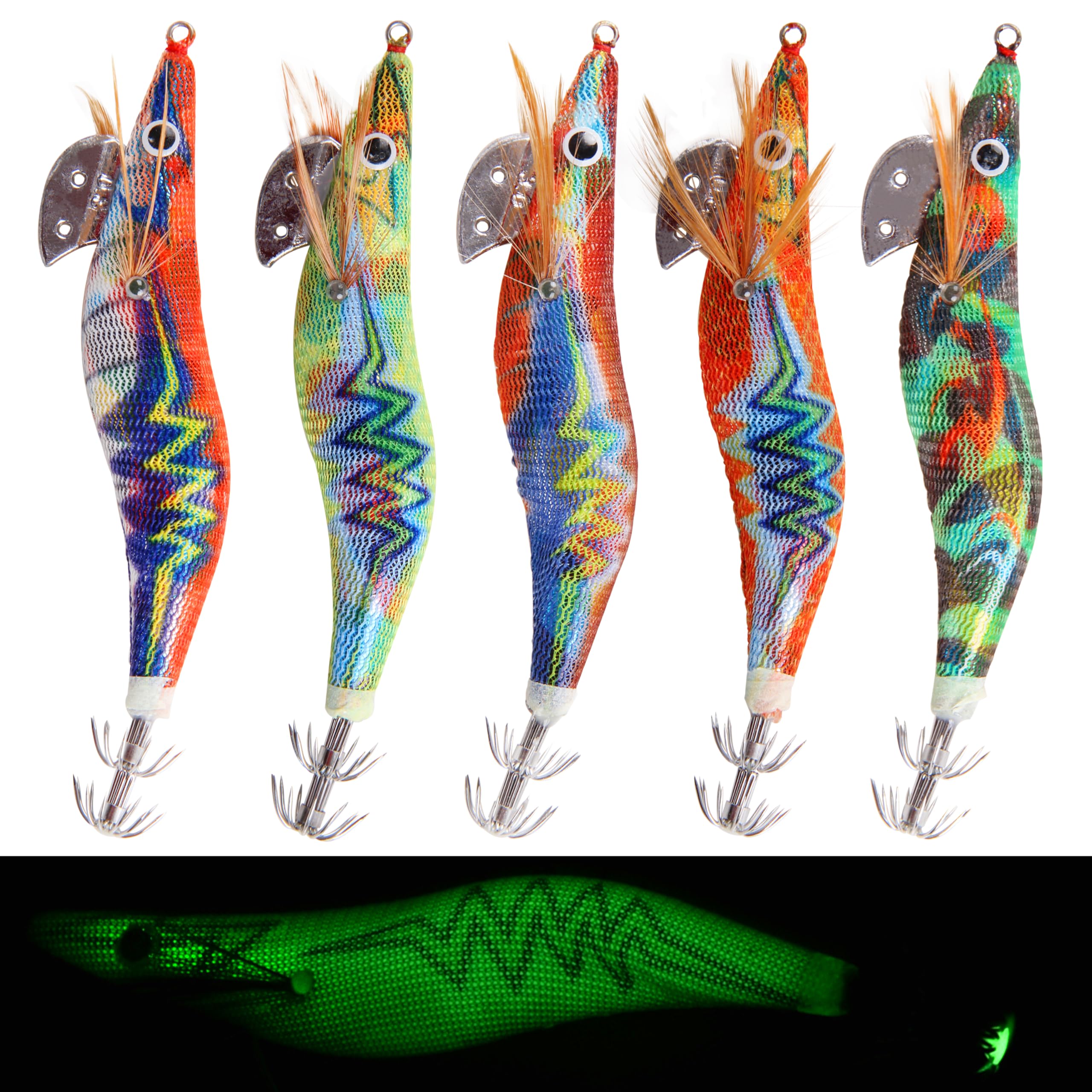 Glow Squid Jig Saltwater Squid Lures, 5pcs/10pcs Luminous Squid Jig Hooks Shrimp Prawn Lures Fluorescent Cuttlefish Sleeve Octopus Jigs Sea Fishing Lures Kit
