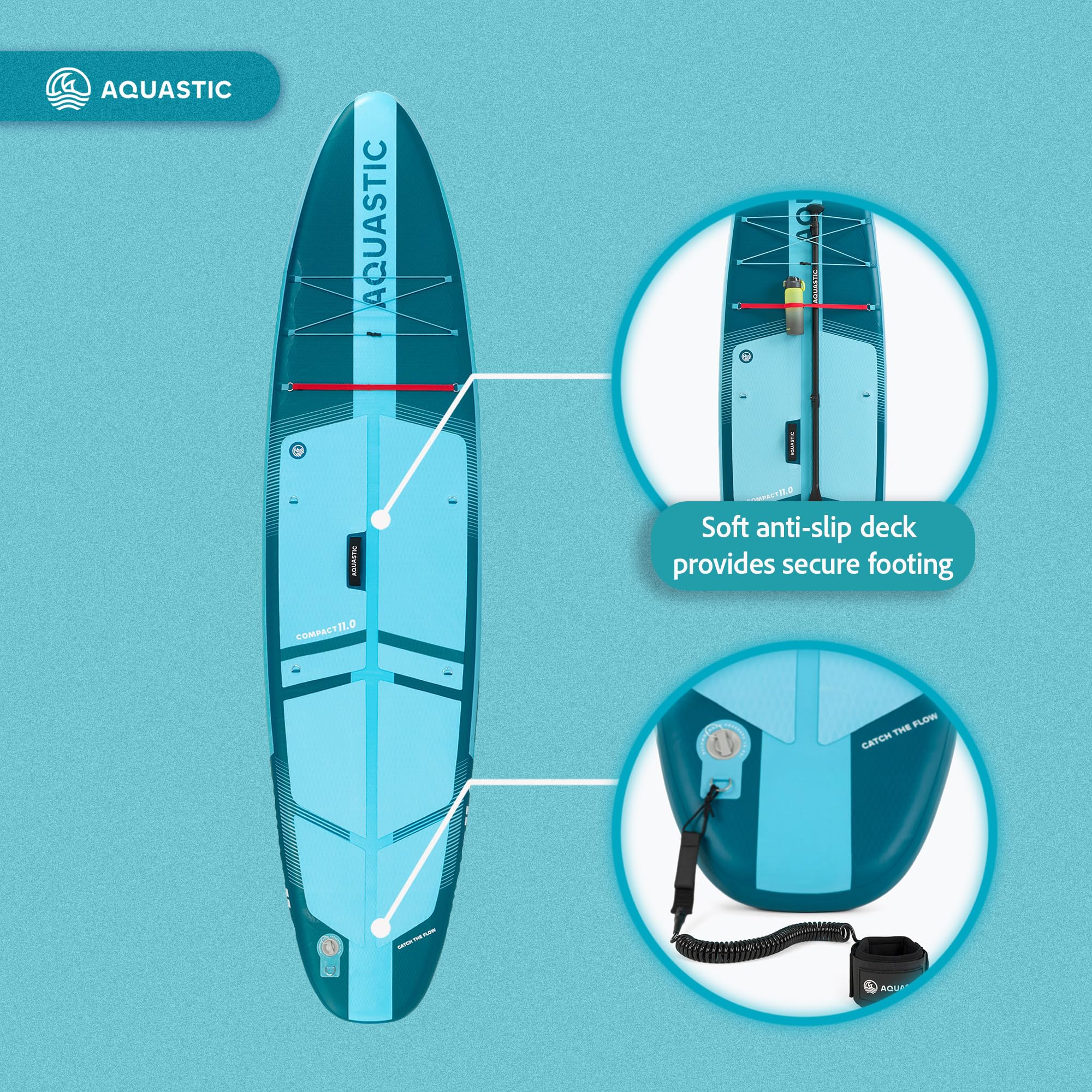 AQUASTIC Compact 11'0 SUP Board Set do wszechstronnego wiosłowania | 335 x 81 x 12 cm, do 100 kg, składane; w zestawie wiosło, pompka, plecak, smycz i 2 płetwy wsuwane
